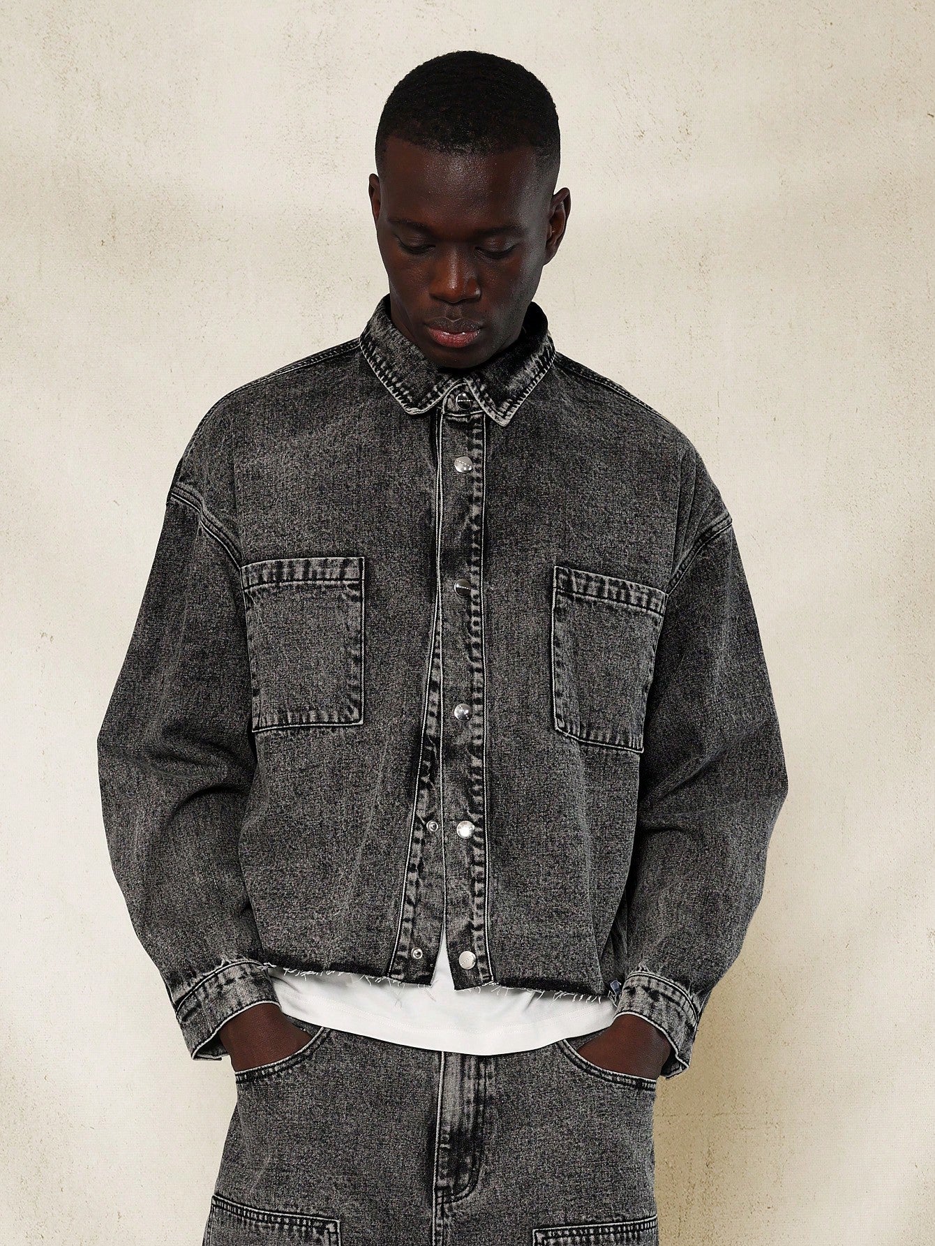 Cropped Washed Raw Hem Denim Shirt And Carpenter Jort 2 Piece Set