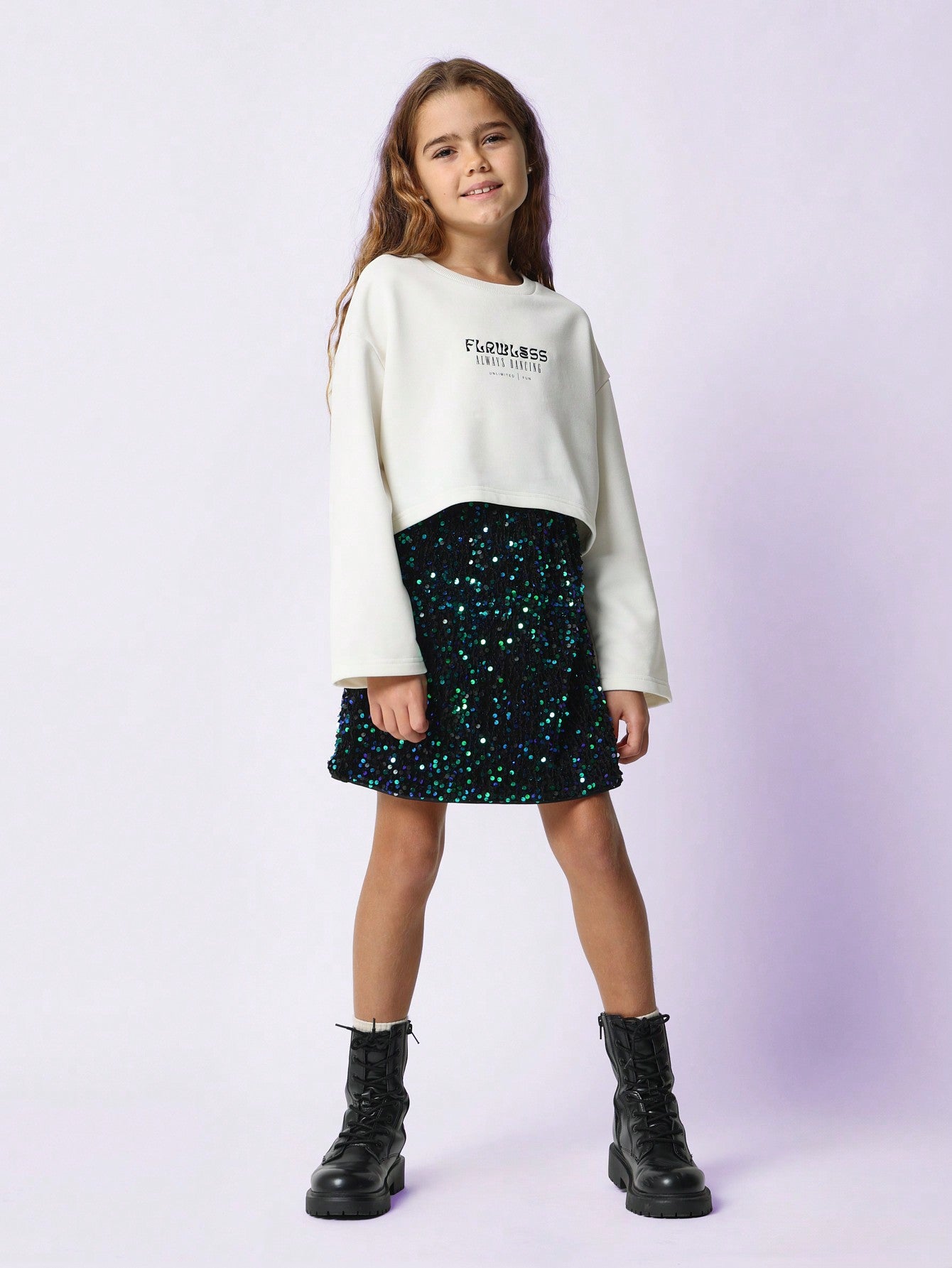 Tween Girls Relaxed Long Sleeve Graphic Print Crop Tee & Sequin Sparkle Skirt 2 Piece Set