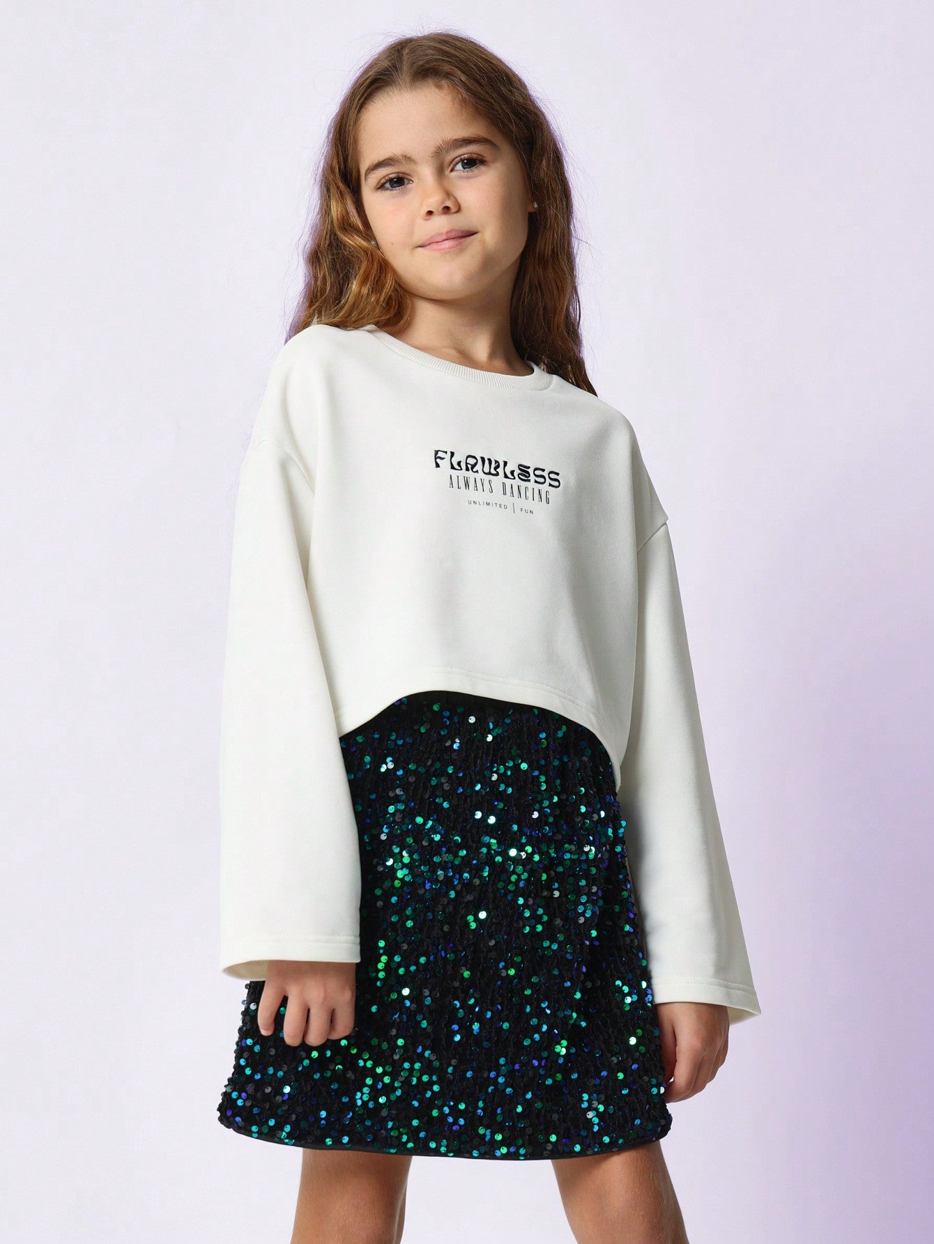 Tween Girls Relaxed Long Sleeve Graphic Print Crop Tee & Sequin Sparkle Skirt 2 Piece Set