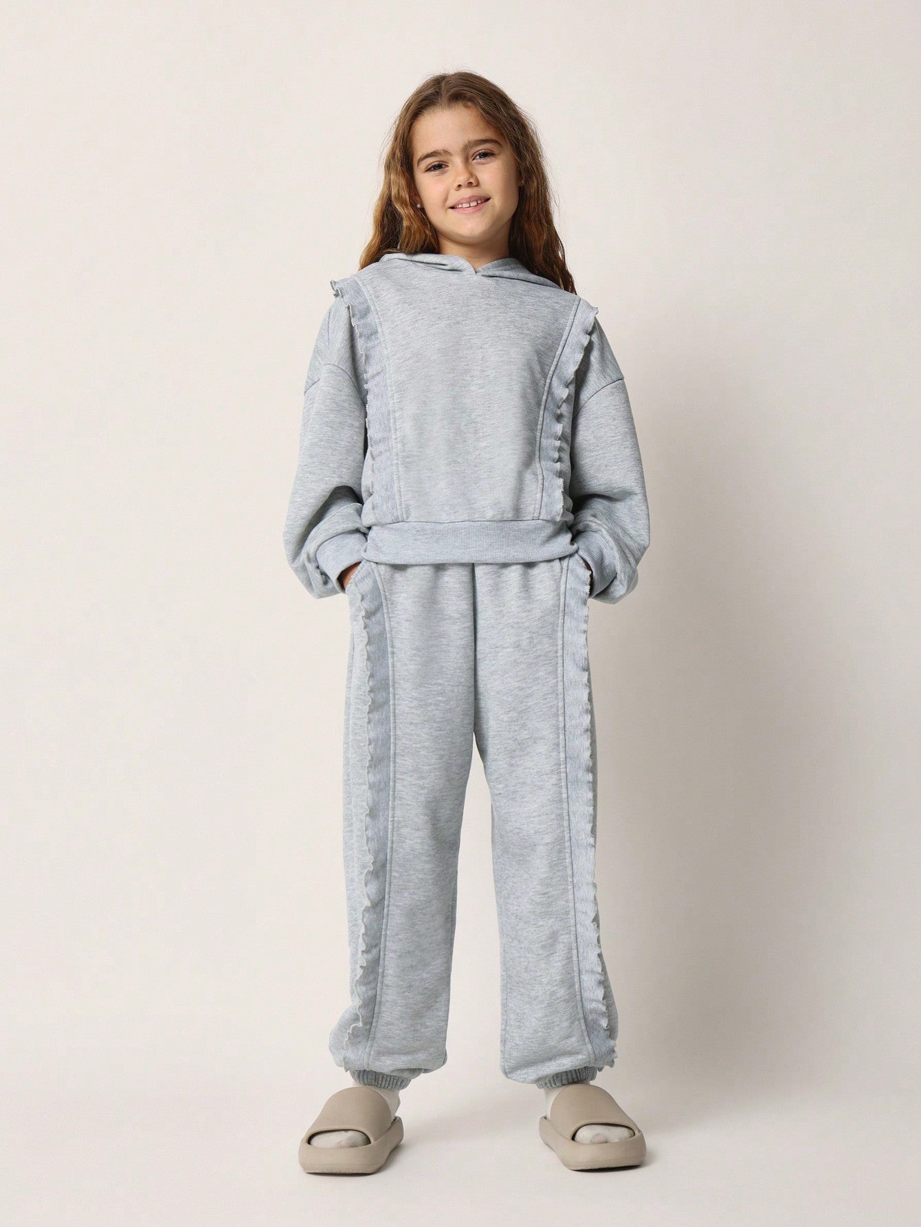 Tween Girls Comfy Grey Marl Overhead Hoodie & Jogger With Frill Seam 2 Piece Set