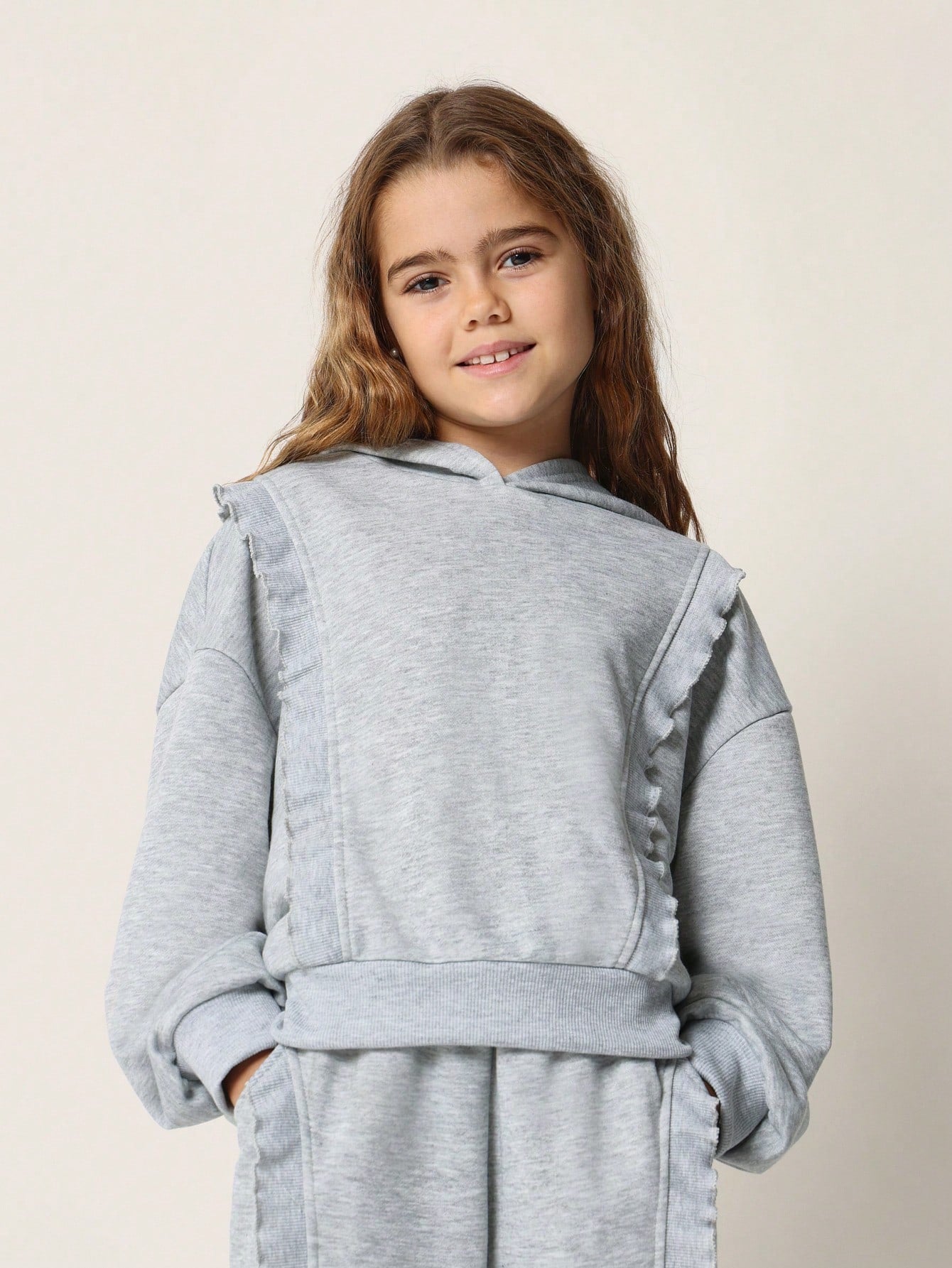 Tween Girls Comfy Grey Marl Overhead Hoodie & Jogger With Frill Seam 2 Piece Set