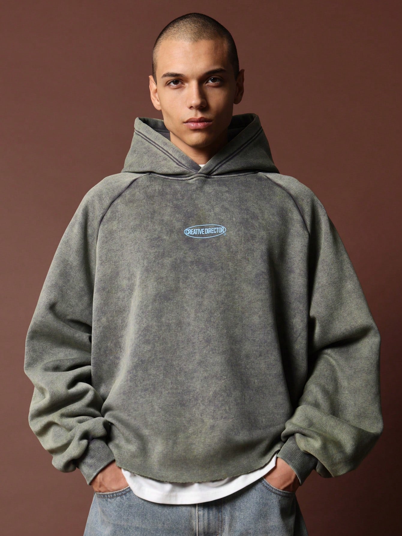 Cropped Washed Overhead Hoodie With Small Graphic Print