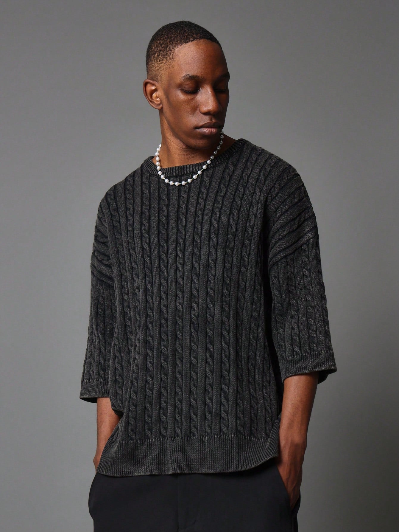 Regular Fit Washed Cable Knit Sweater