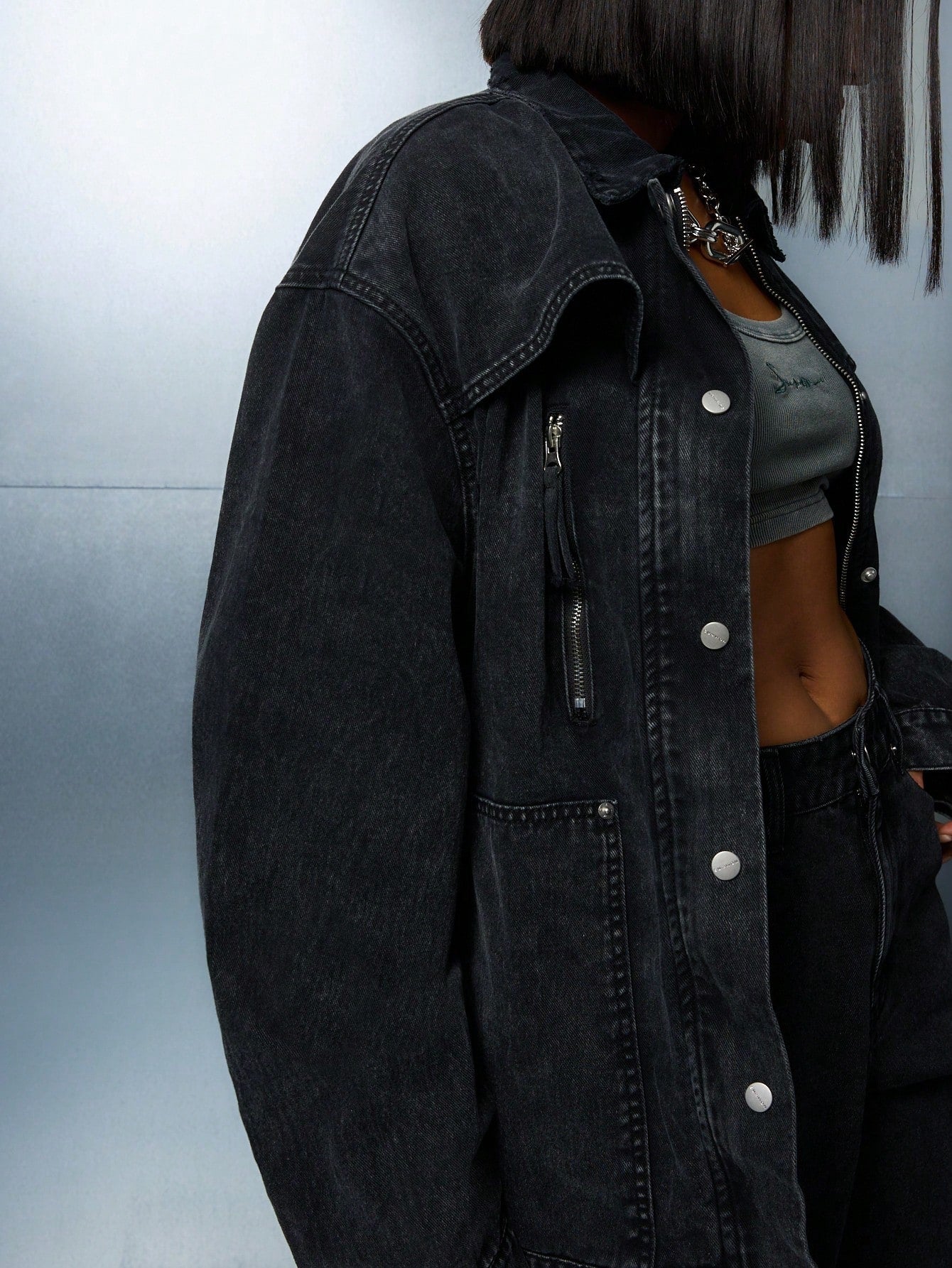 SUMWON WOMEN Zip Through Oversized Longline Denim Jacket