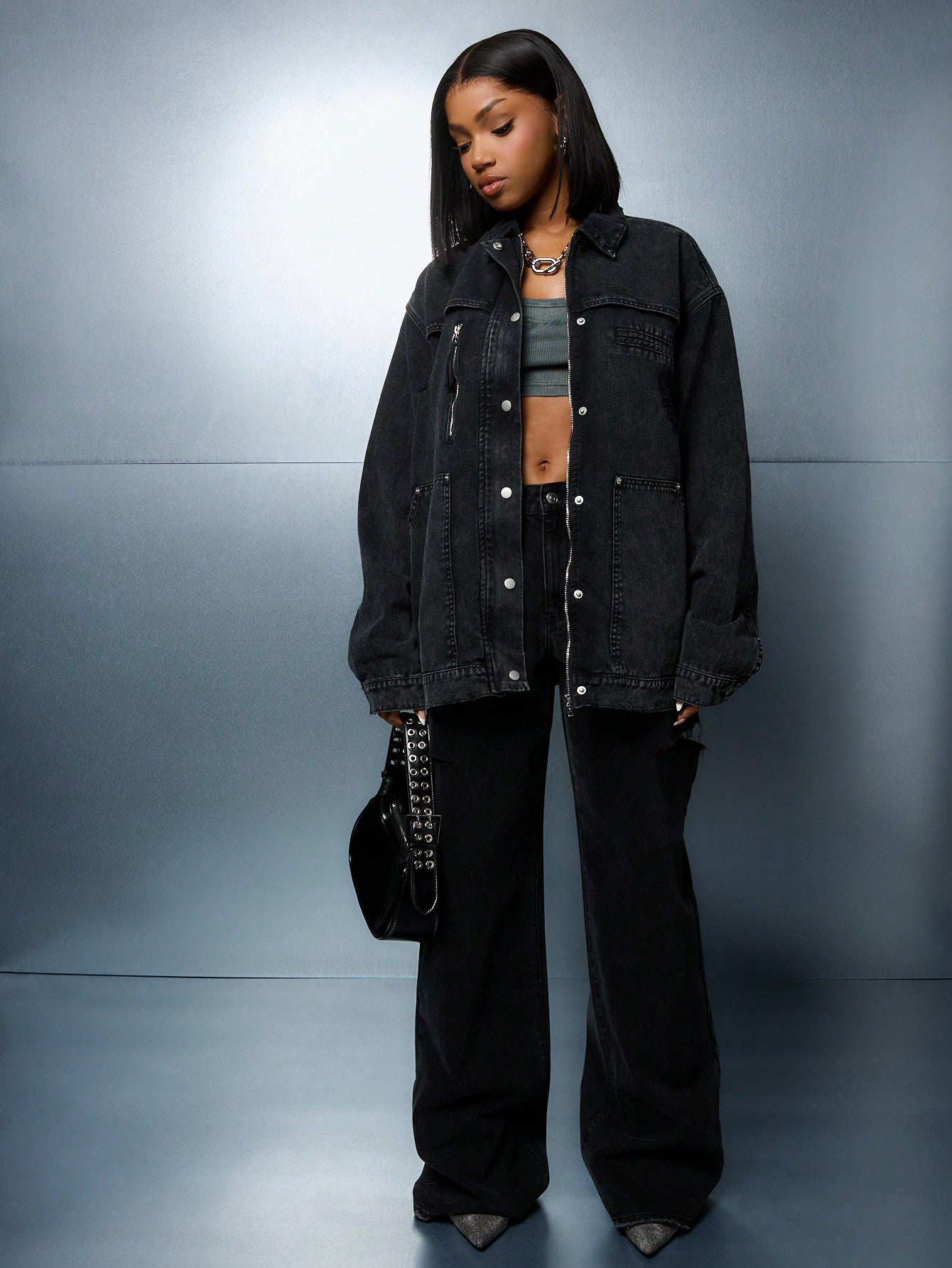 SUMWON WOMEN Zip Through Oversized Longline Denim Jacket