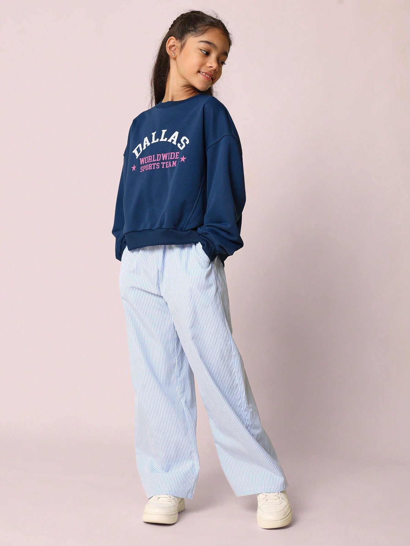 Tween Girls Everyday Play Crew Neck Dallas Printed Sweatshirt And Straight Fit Pinstripe Pant 2 Piece Set