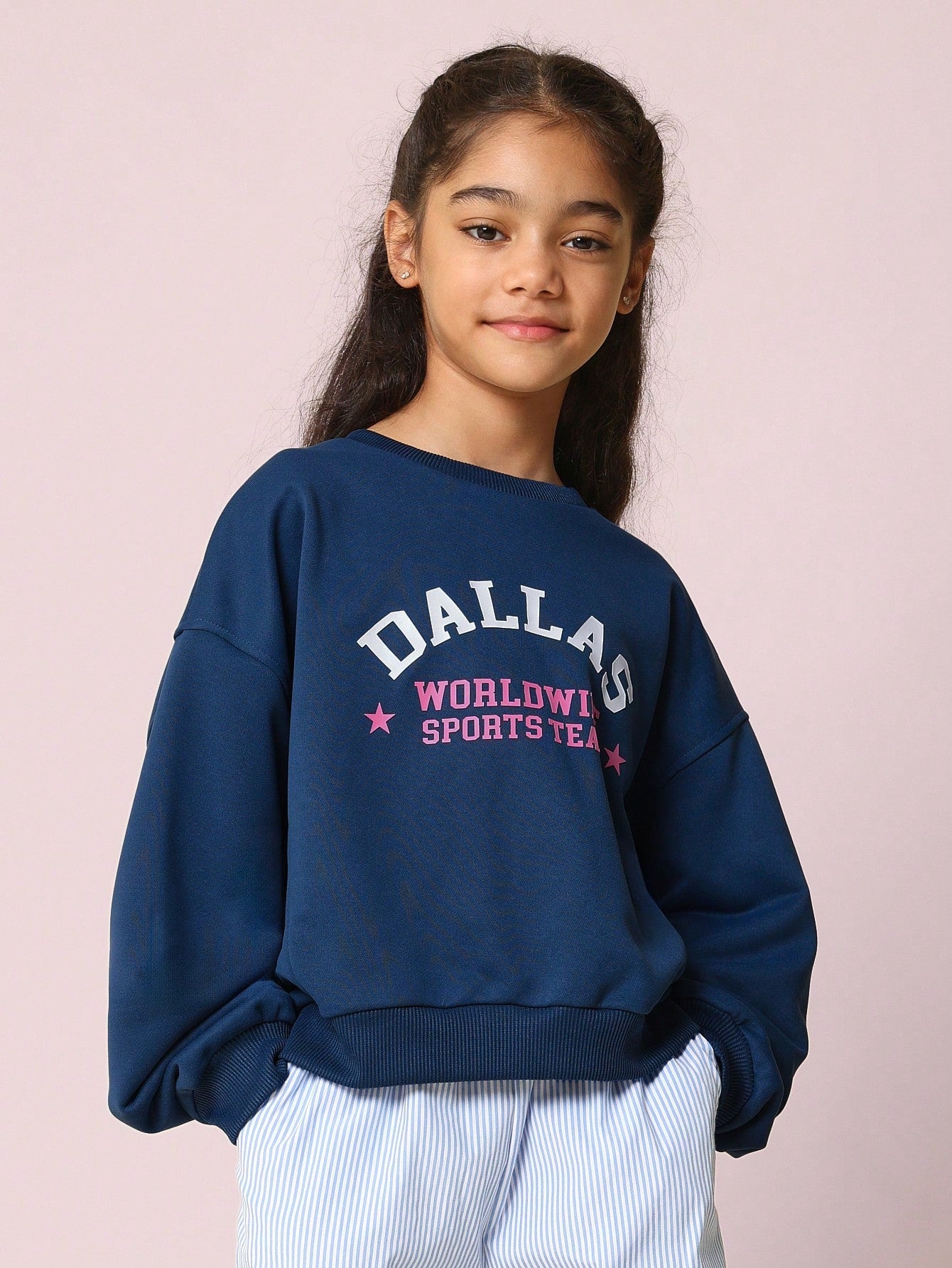 Tween Girls Everyday Play Crew Neck Dallas Printed Sweatshirt And Straight Fit Pinstripe Pant 2 Piece Set