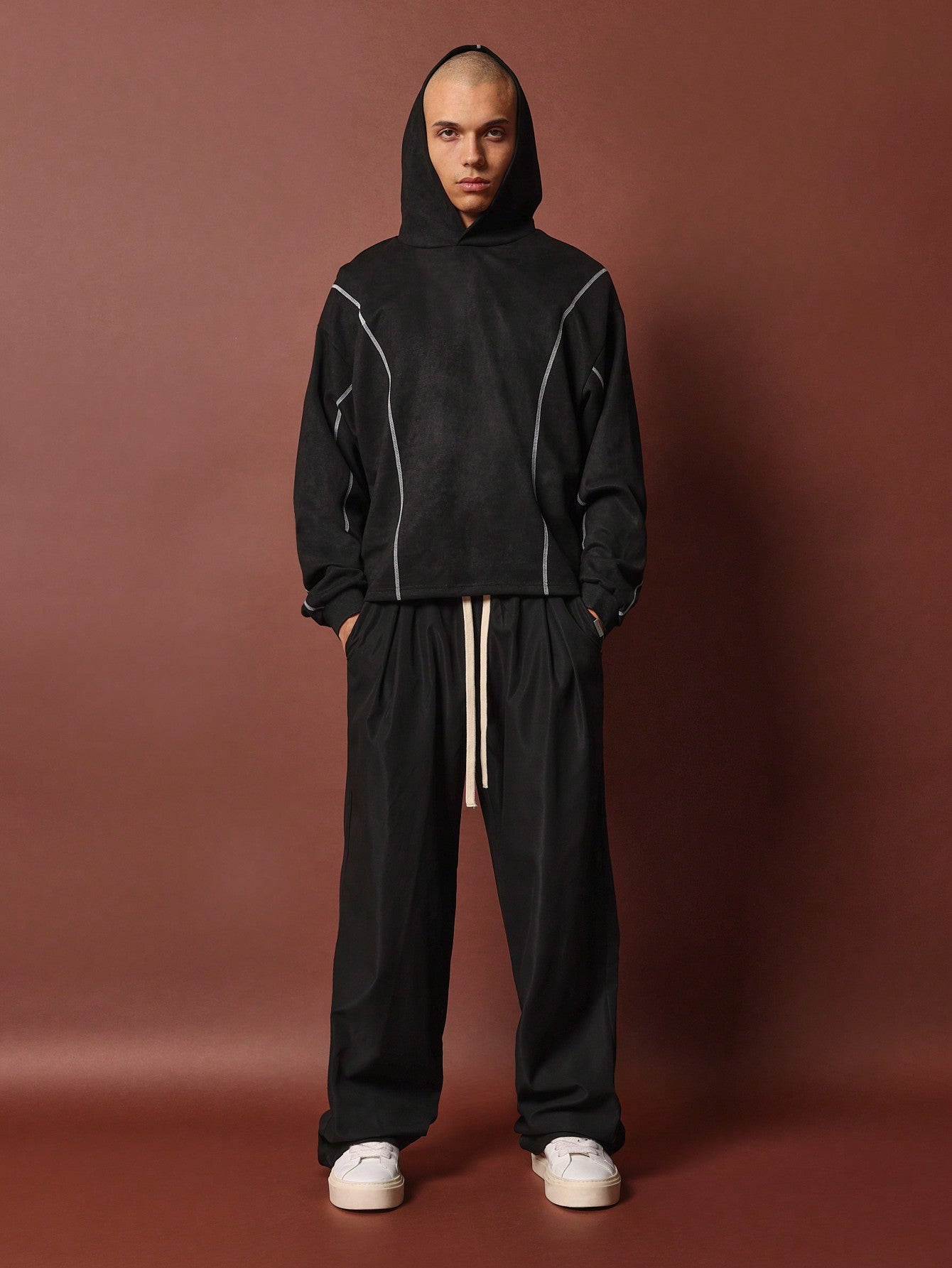 Suedette Crop Fit Overhead Hoodie With Contrast Overlock