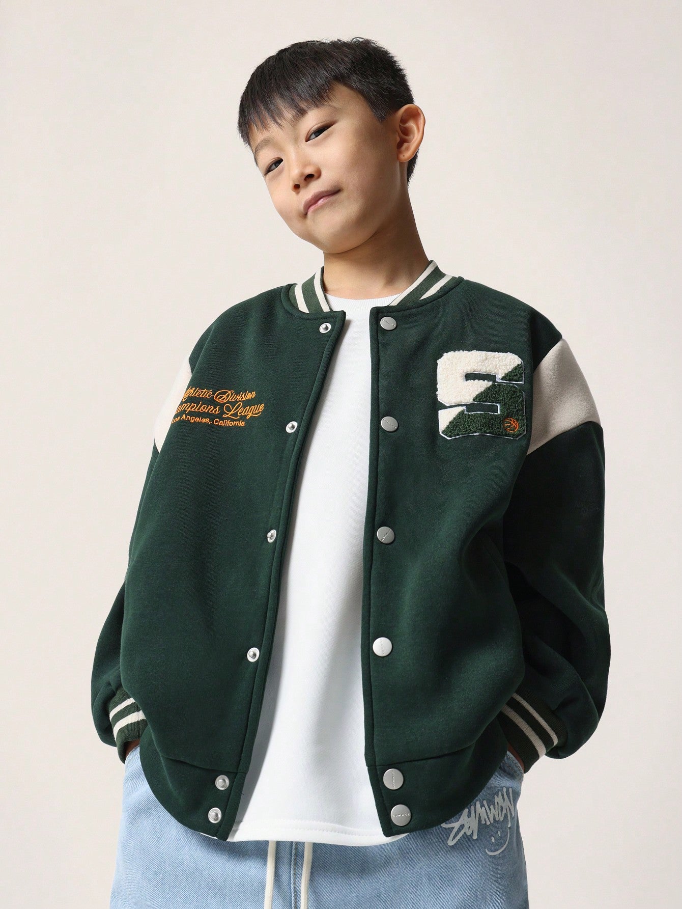 Tween Boys Oversized Varsity Bomber Jacket With Embroidery And Applique