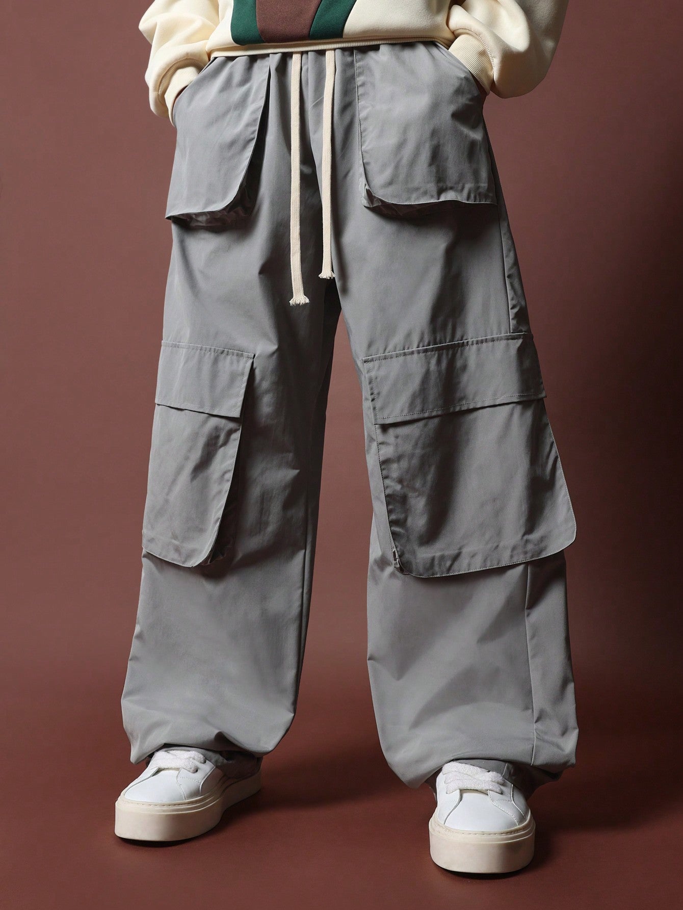 Wide Leg Cargo Nylon Pant With Drawcord