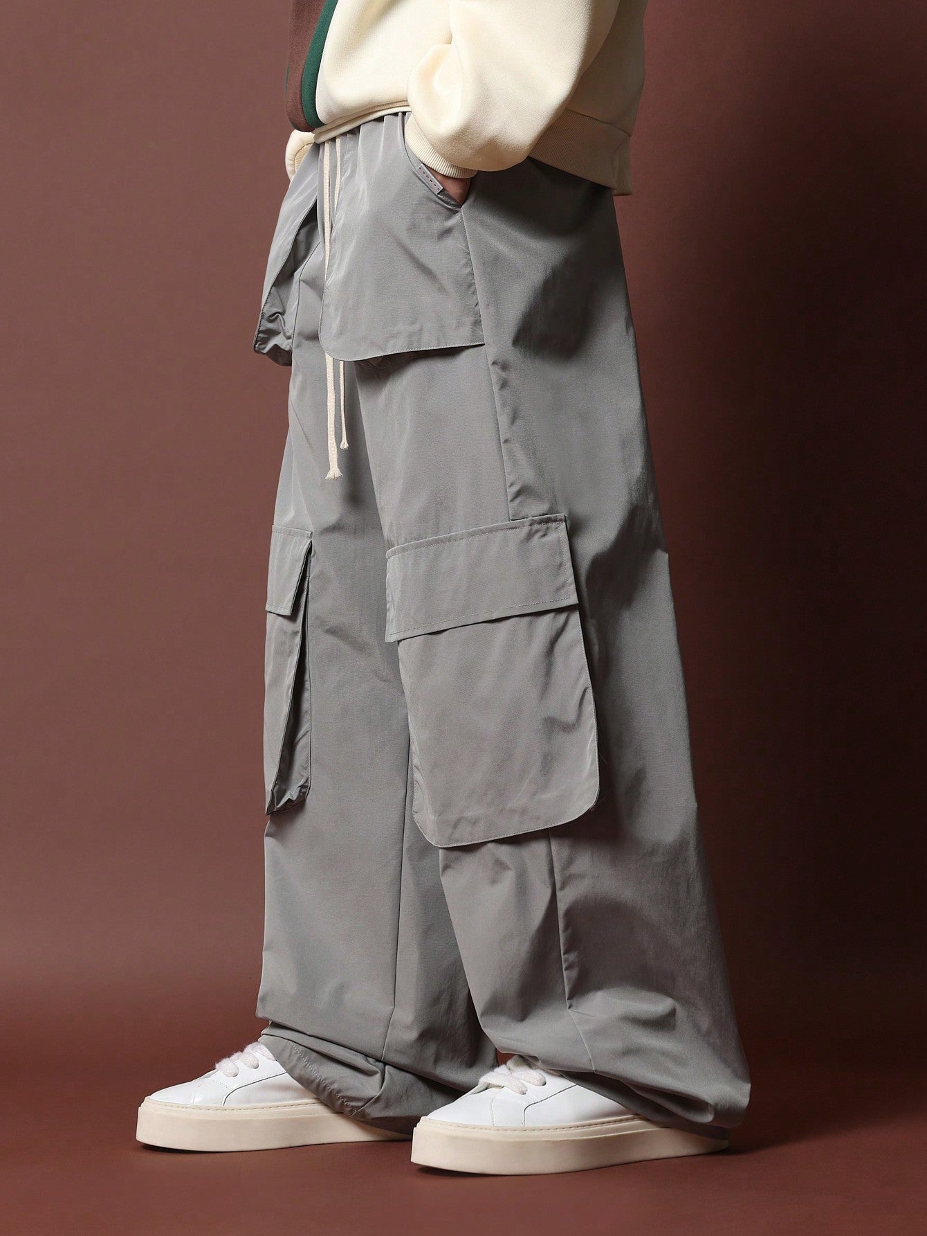 Wide Leg Cargo Nylon Pant With Drawcord