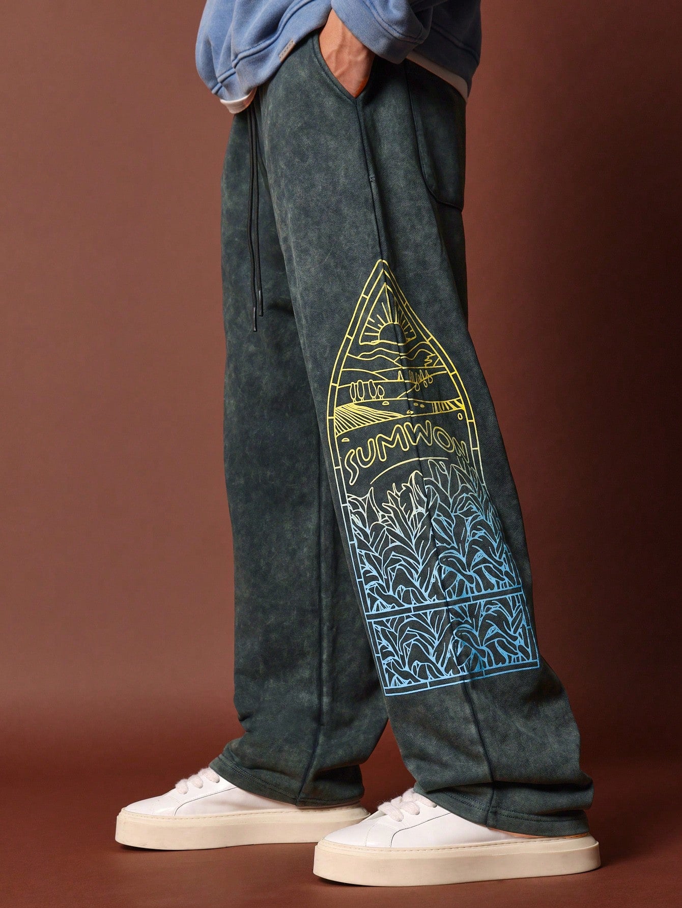 Washed Drop Crotch Graphic Printed Sweatpants