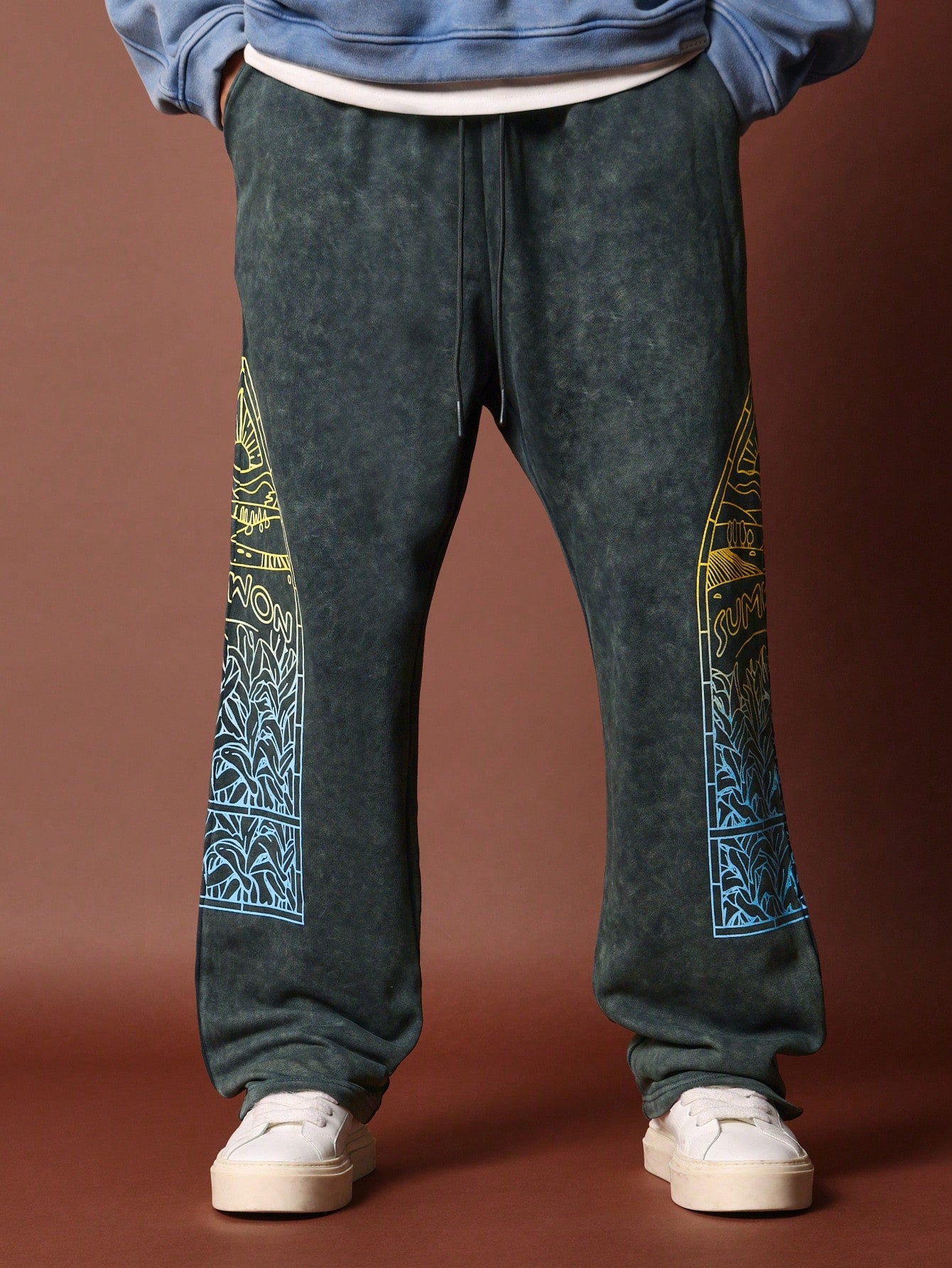 Washed Drop Crotch Graphic Printed Sweatpants