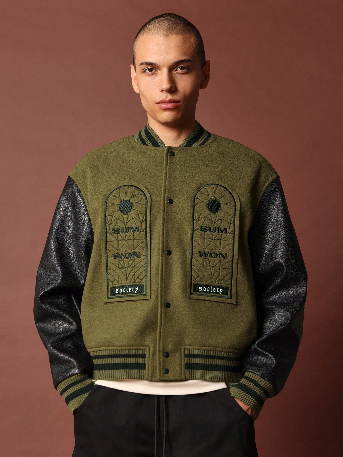 Cropped PU Sleeve Varsity Jackets With Window Patches Embroidered At The Front