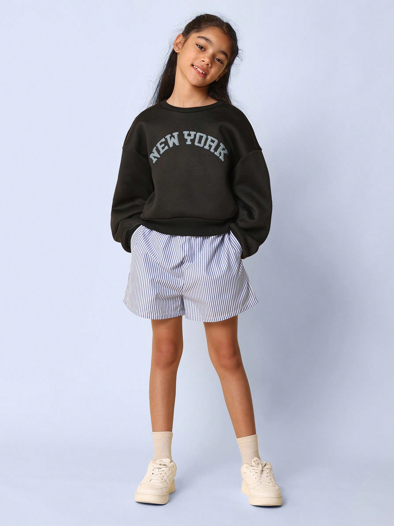 Tween Girls Everyday Play Crew Neck New Yord Printed Sweatshirt And Pinstripe Short 2 Piece Set