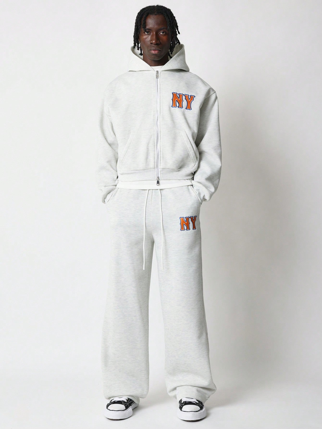 Crop Zip-Up Hoodie & Loose Fit Baggy Sweatpants With NY Embroidered & Drawcords