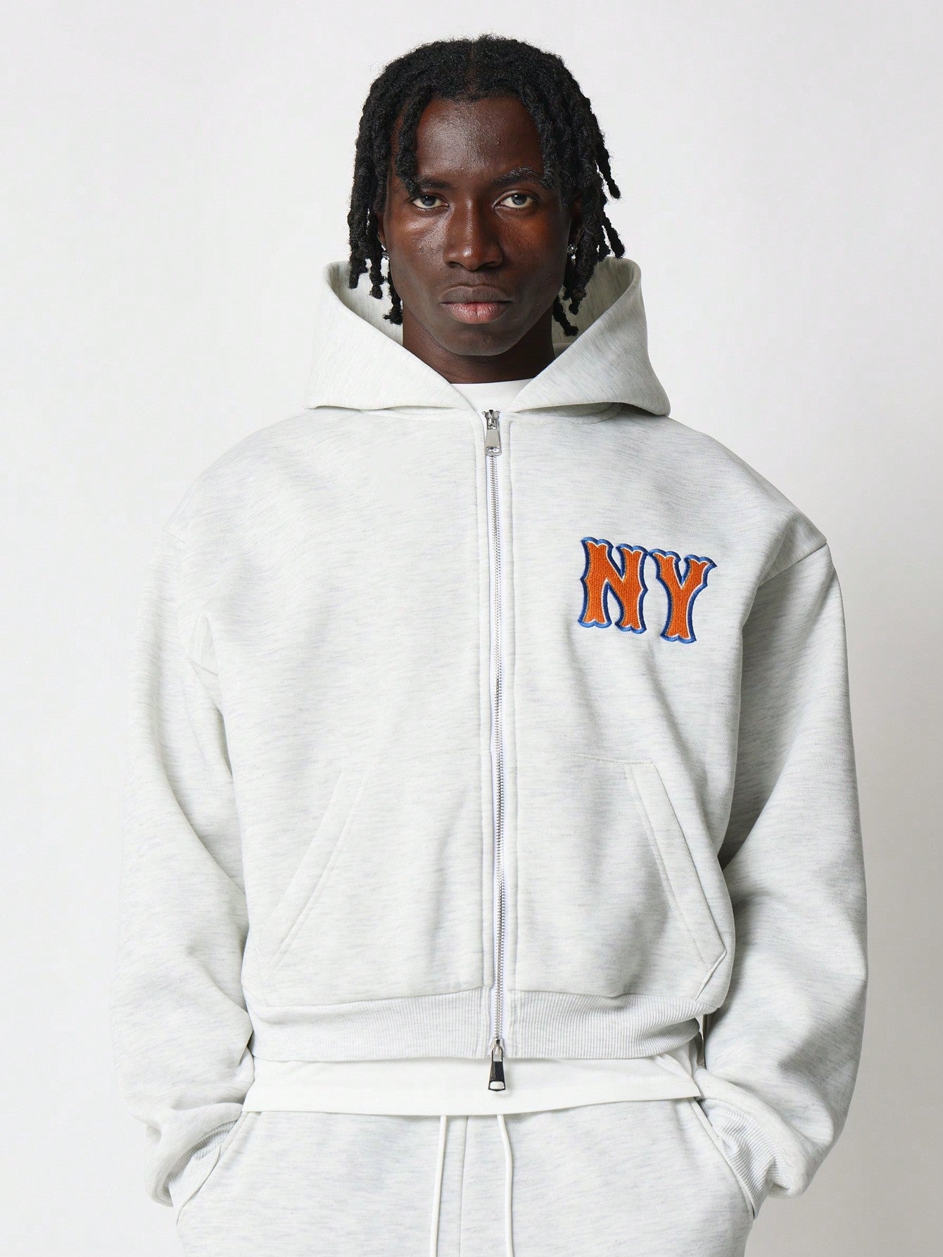 Crop Zip-Up Hoodie & Loose Fit Baggy Sweatpants With NY Embroidered & Drawcords