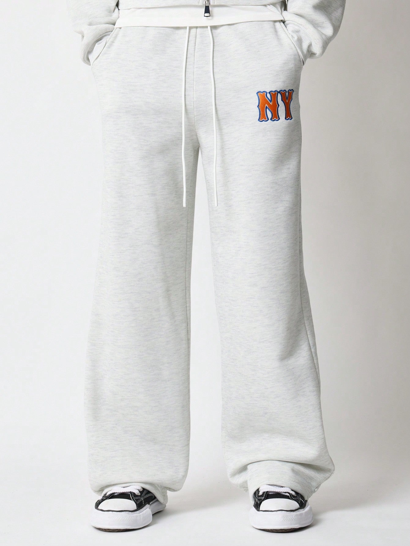 Crop Zip-Up Hoodie & Loose Fit Baggy Sweatpants With NY Embroidered & Drawcords