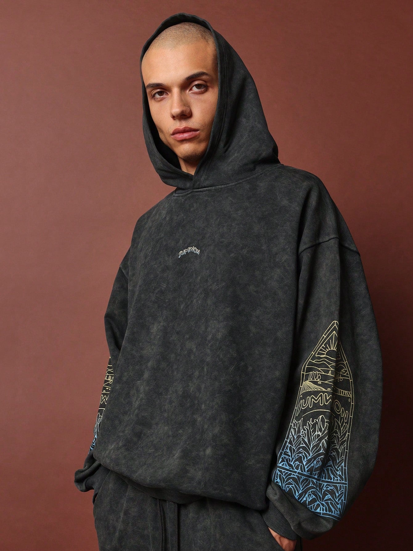 Regular Fit Washed Overhead Hoodie With Front & Sleeve Graphic Print