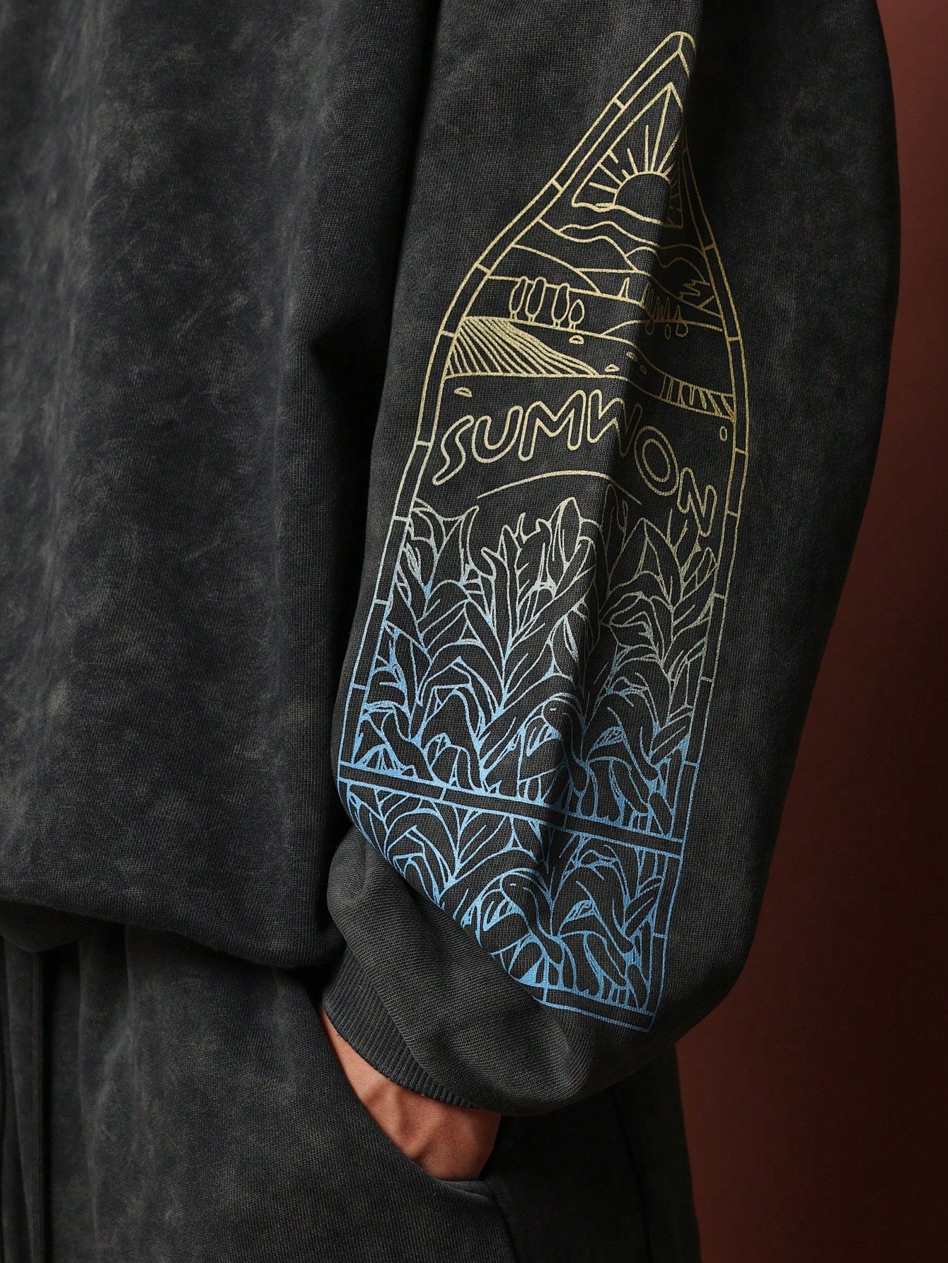 Regular Fit Washed Overhead Hoodie With Front & Sleeve Graphic Print