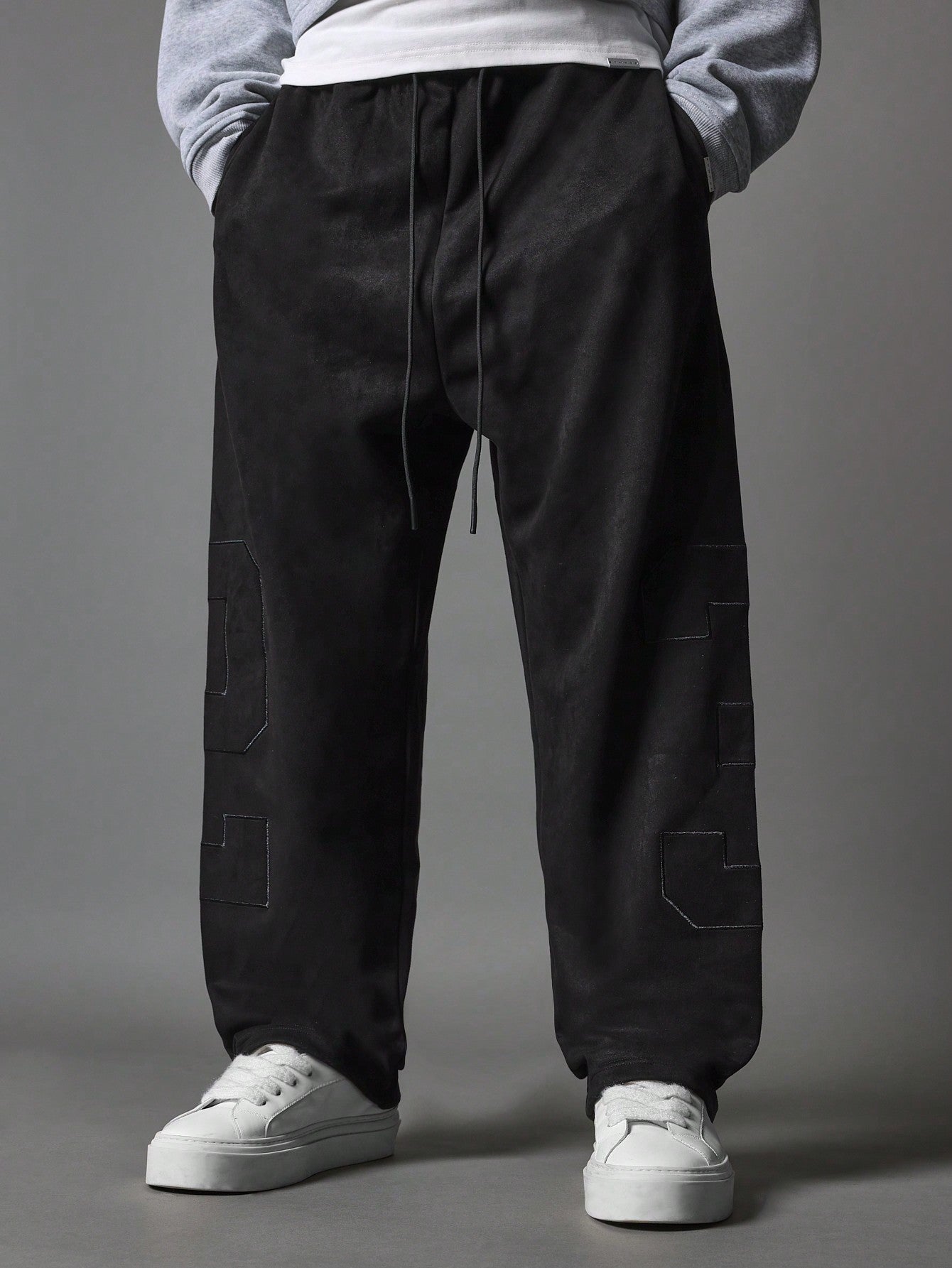 Suedette Loose Drop Crotch Sweatpants With Tonal Number