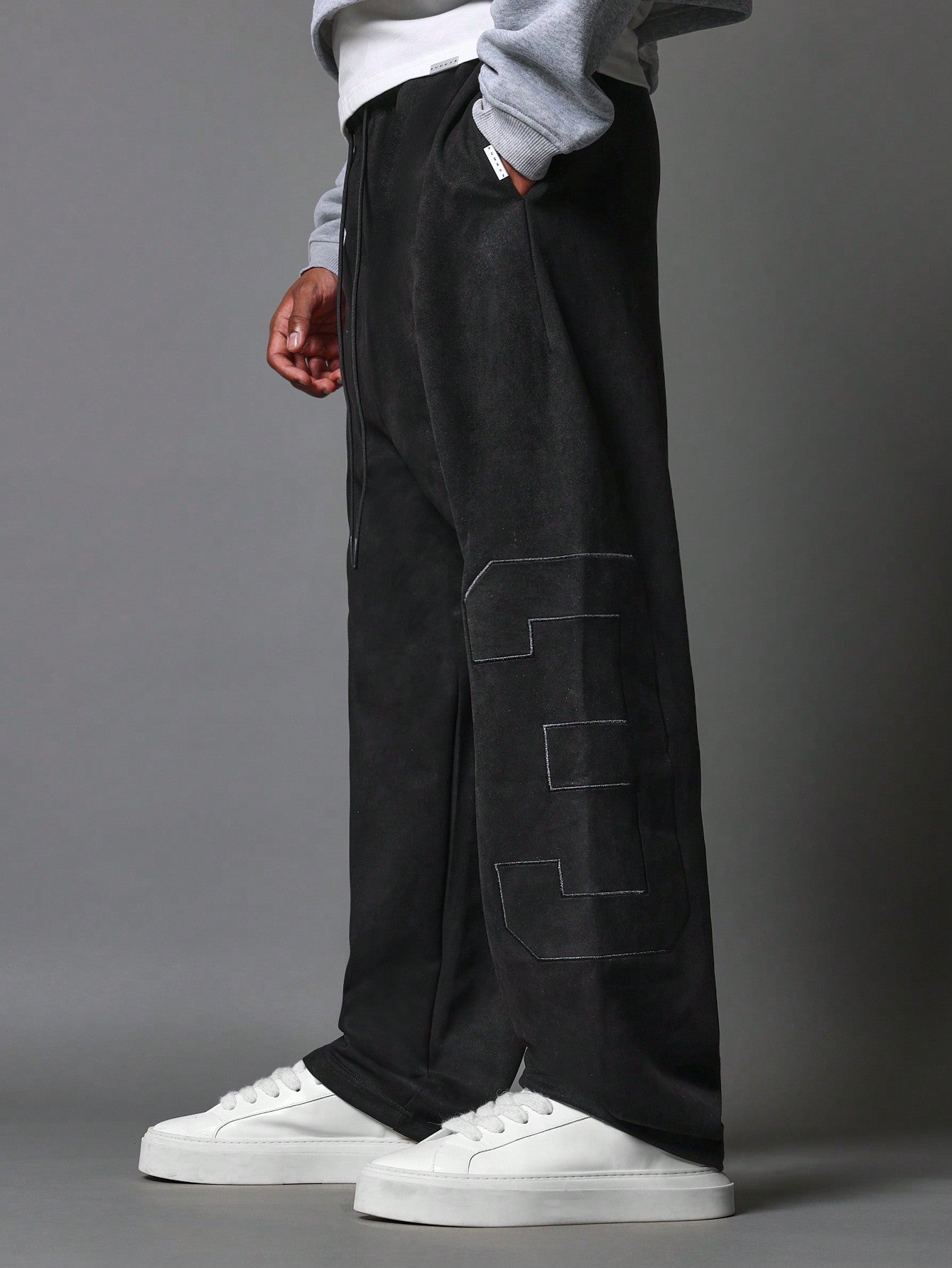 Suedette Loose Drop Crotch Sweatpants With Tonal Number