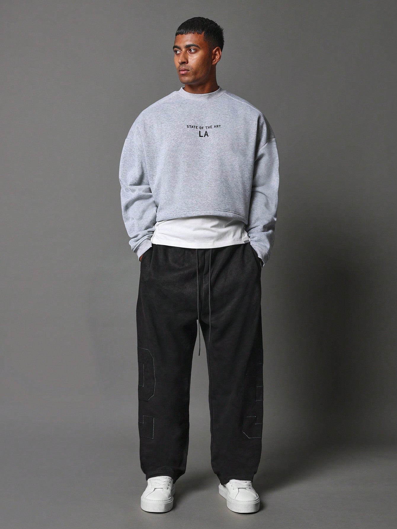 Suedette Loose Drop Crotch Sweatpants With Tonal Number