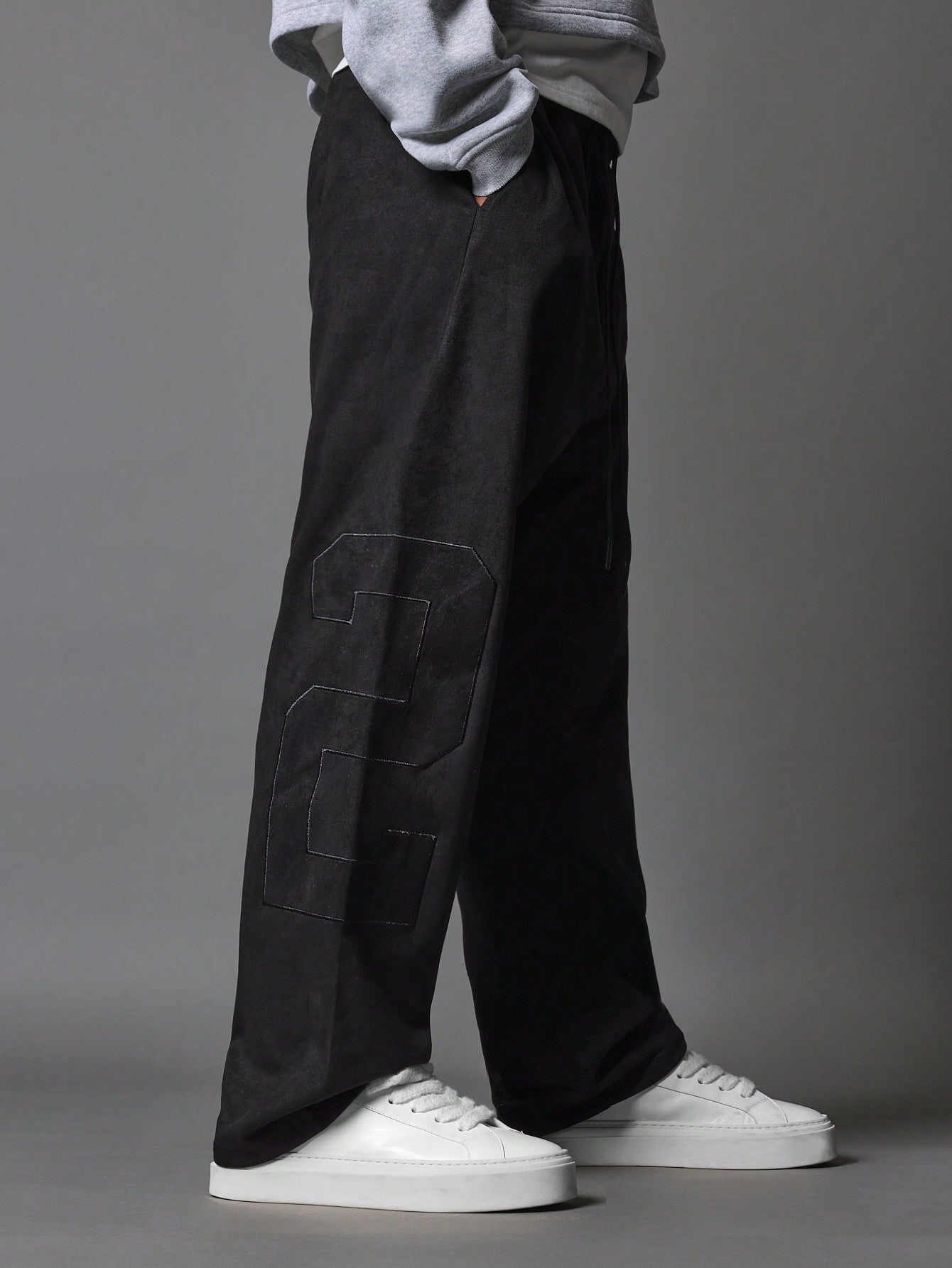 Suedette Loose Drop Crotch Sweatpants With Tonal Number