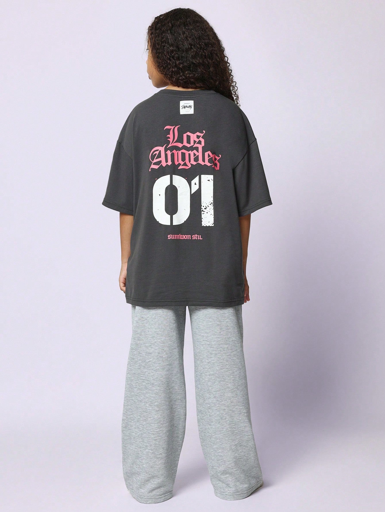 Tween Girls Oversized Fit Los Angeles Graphic Print Tee With Loose Fit Sweatpants 2 Piece Set