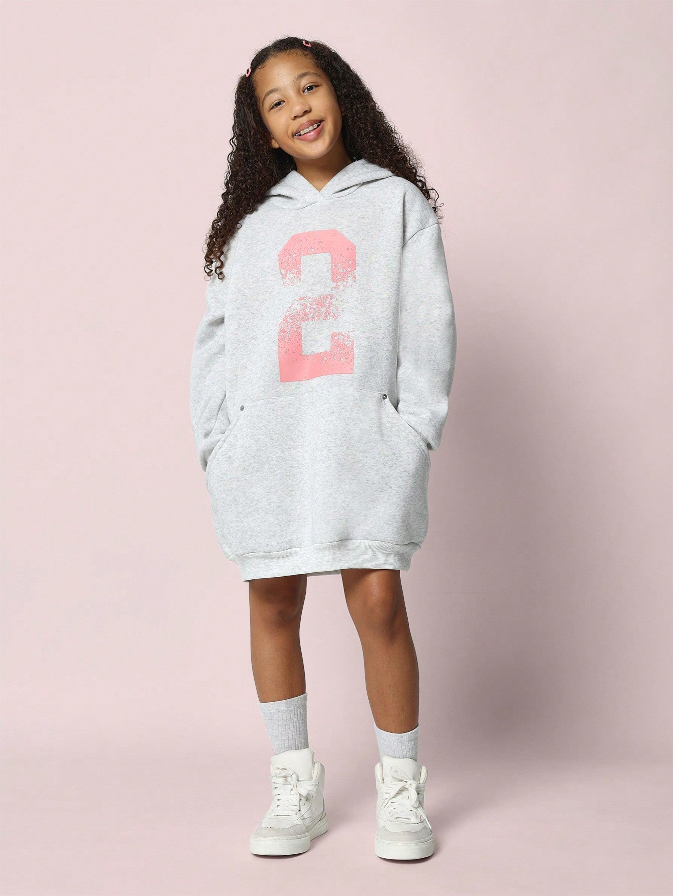 Tween Girls Oversized Hoodie Dress With Front Graphic Print