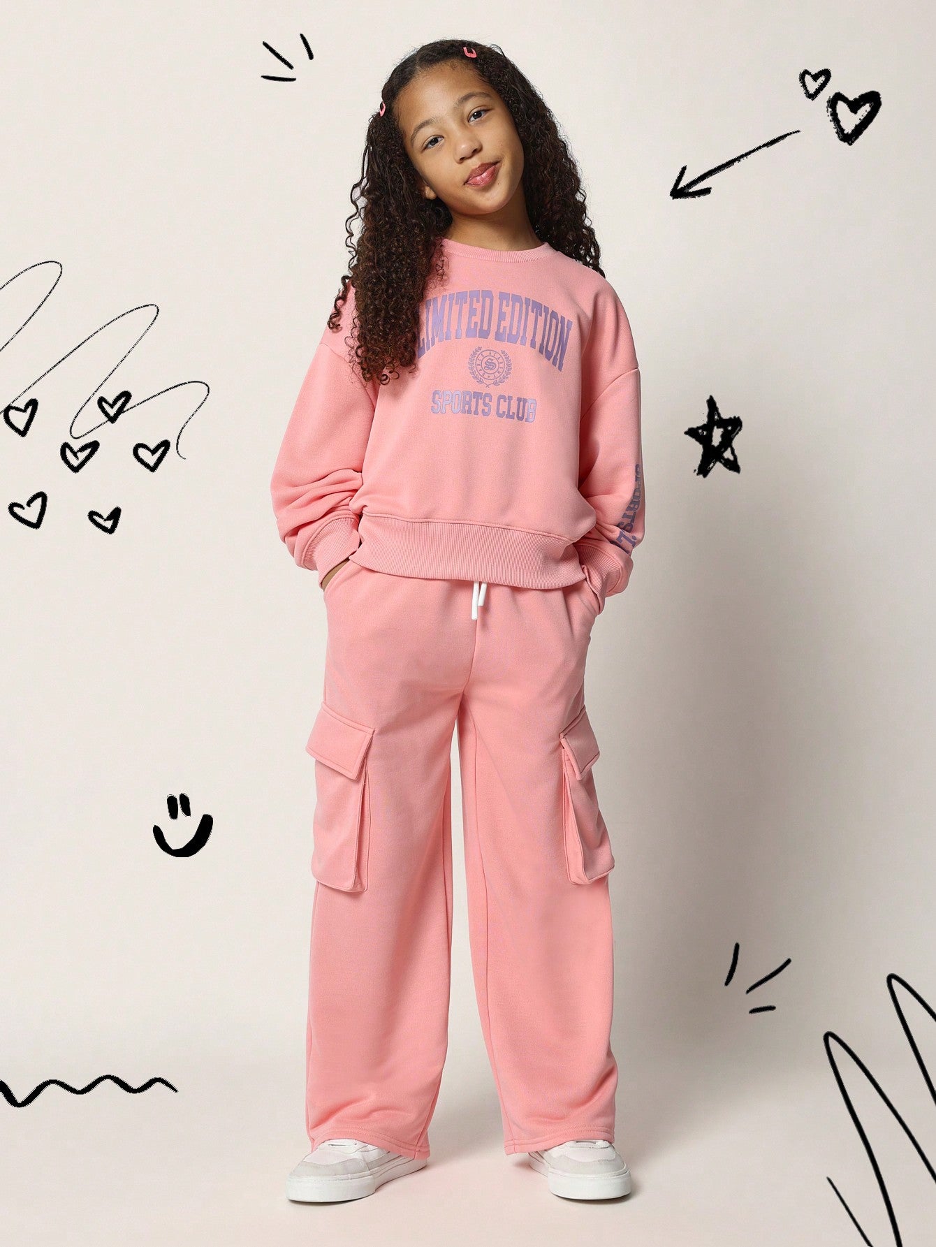 Tween Girls Crew Neck Drop Shoulder Sweatshirt With Limited Edition Graphic Print And Straight Fit Cargo Pant 2 Piece Set