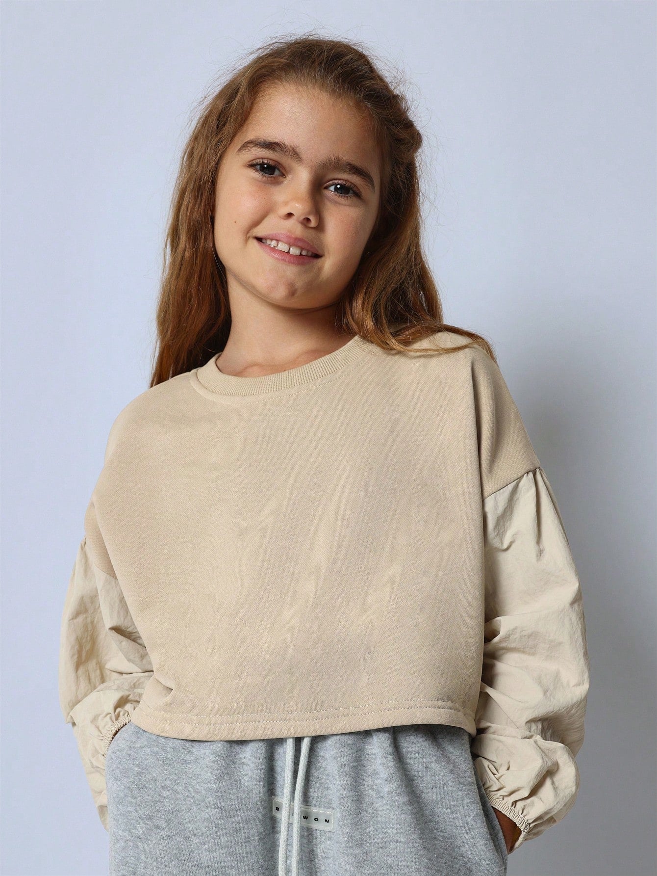 Tween Girls Relaxed Crop Nylon Balloon Sleeve Sweatshirt