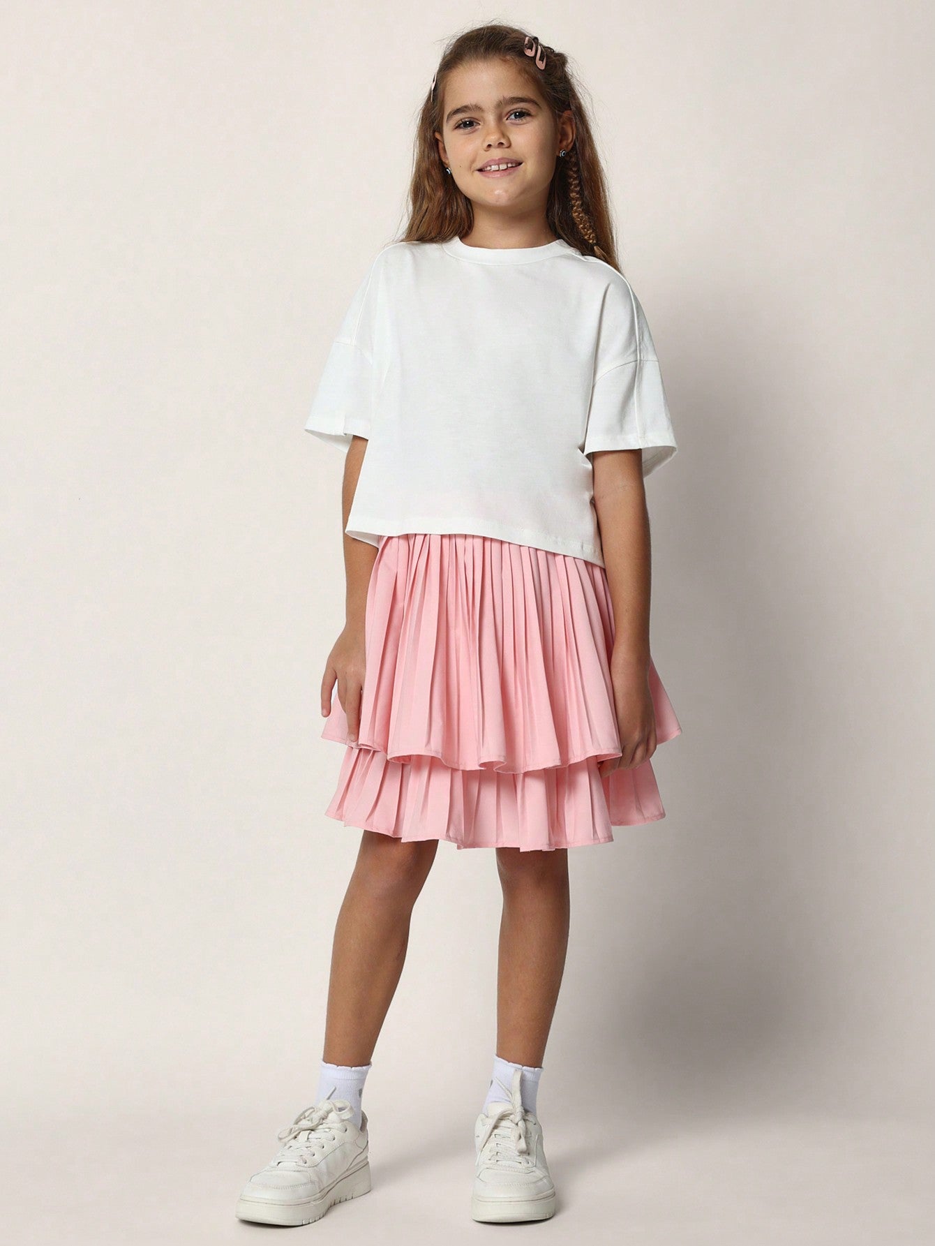 Tween Girls Daily Wear Solid Crop Tee And Pink Pleated Skirt 2 Piece Set