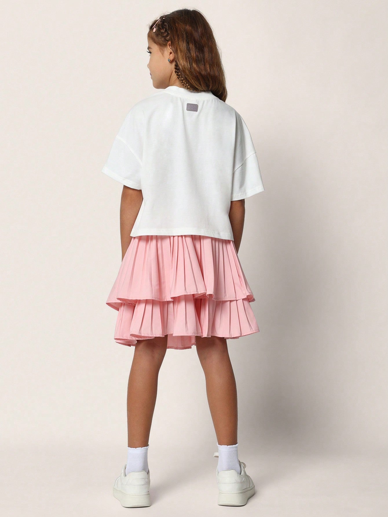 Tween Girls Daily Wear Solid Crop Tee And Pink Pleated Skirt 2 Piece Set