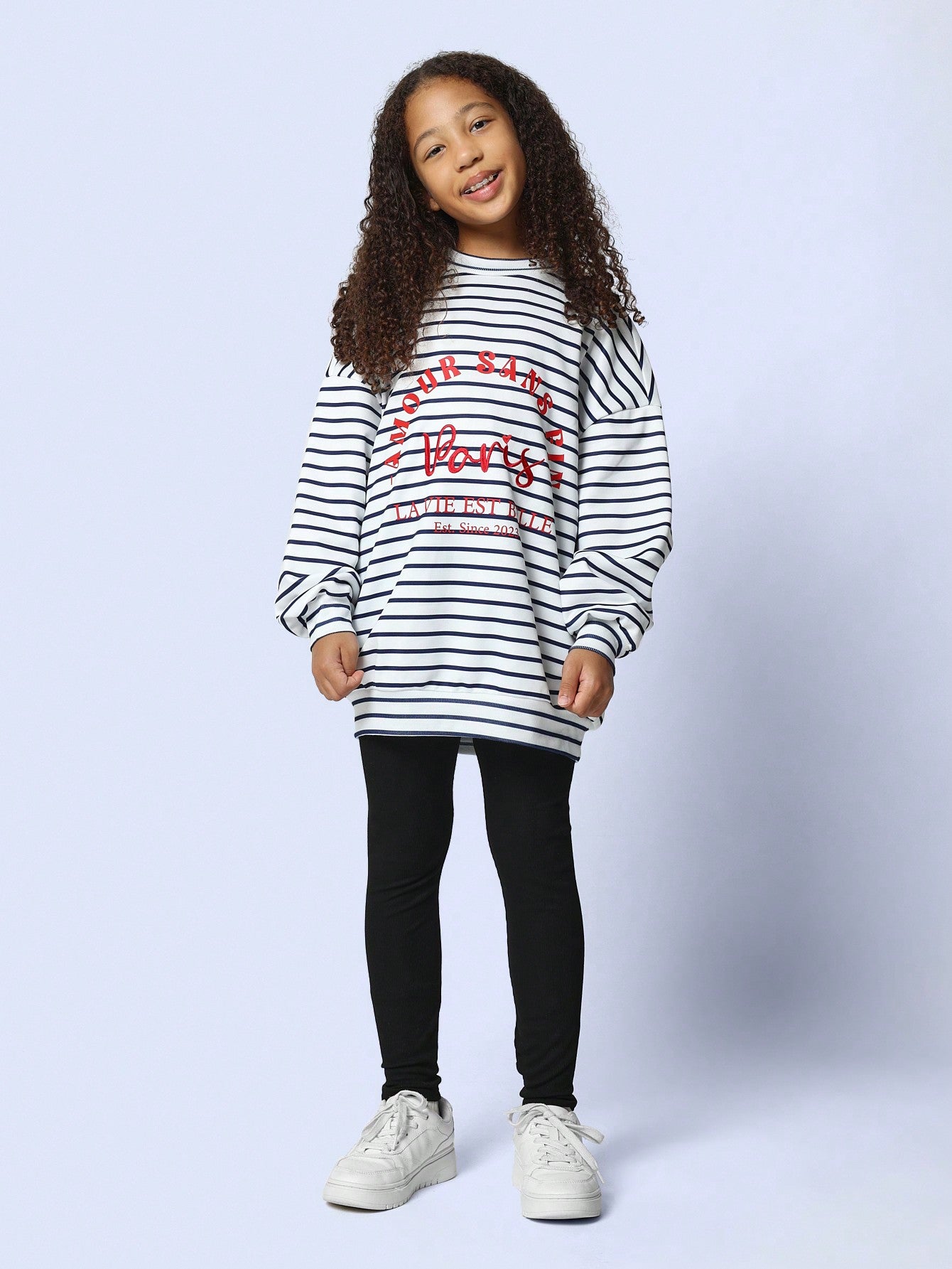 Tween Girls Relaxed Stripe Crew Neck Long Sleeve Embroidery & Graphic Print Tee And Legging 2 Piece Set