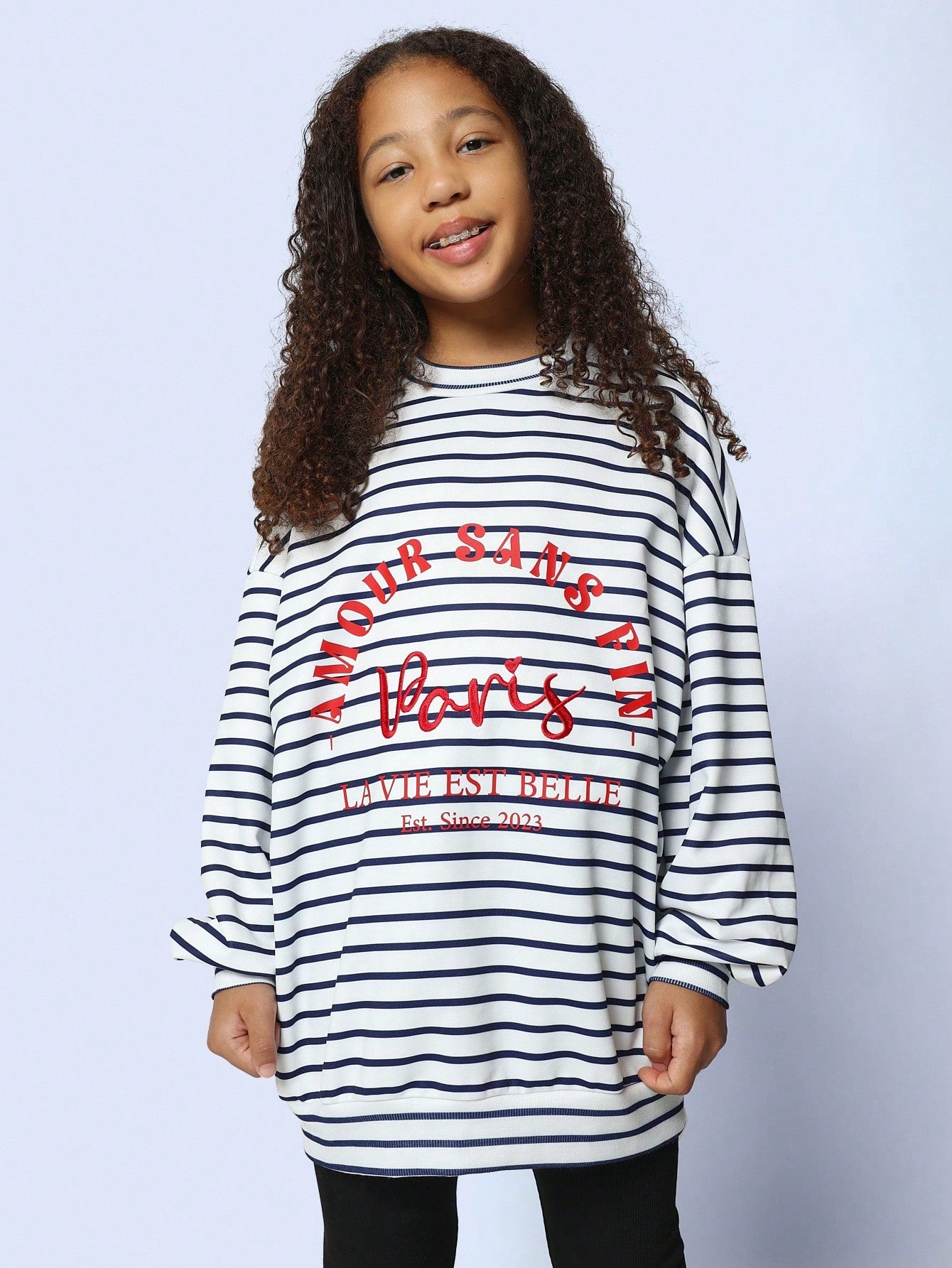 Tween Girls Relaxed Stripe Crew Neck Long Sleeve Embroidery & Graphic Print Tee And Legging 2 Piece Set