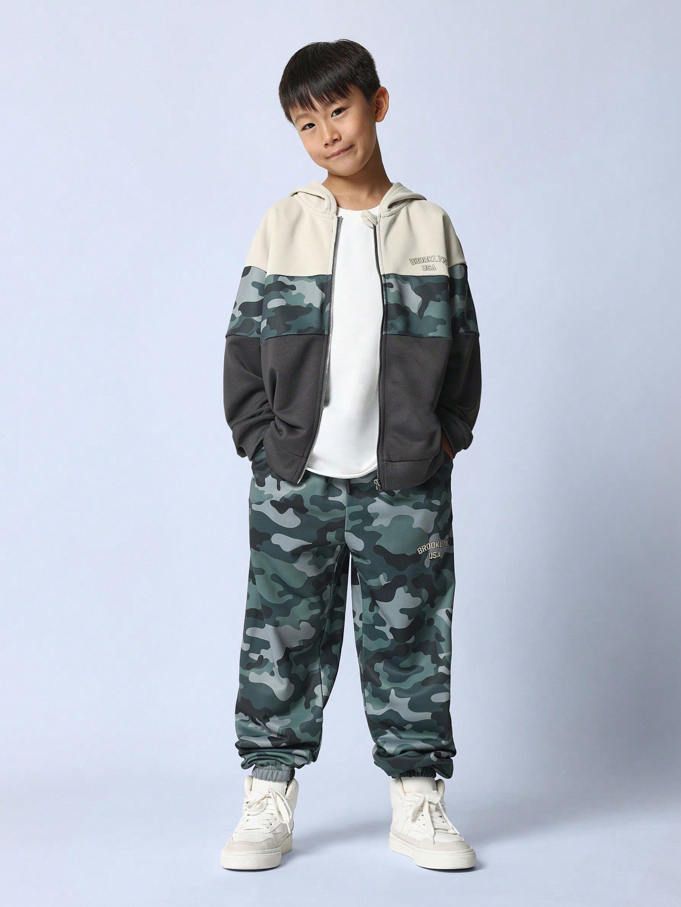 Tween Girls Comfy Zip-Up Camouflage Colour Block Hoodie & Camouflage Jogger 2 Piece Set