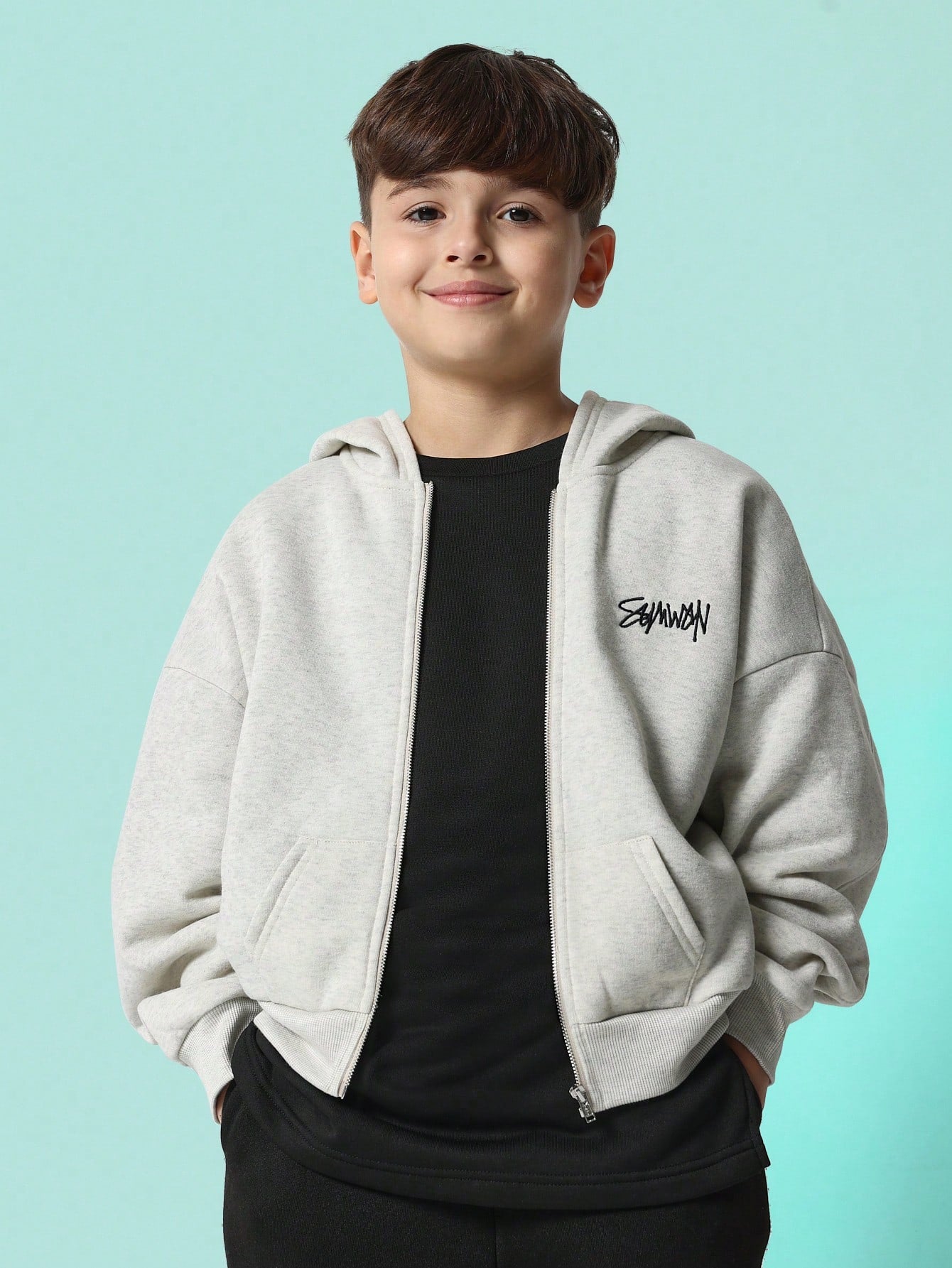 Tween Boys Comfy Grey Zip Through Carpenter Hoodie With Graphic Print