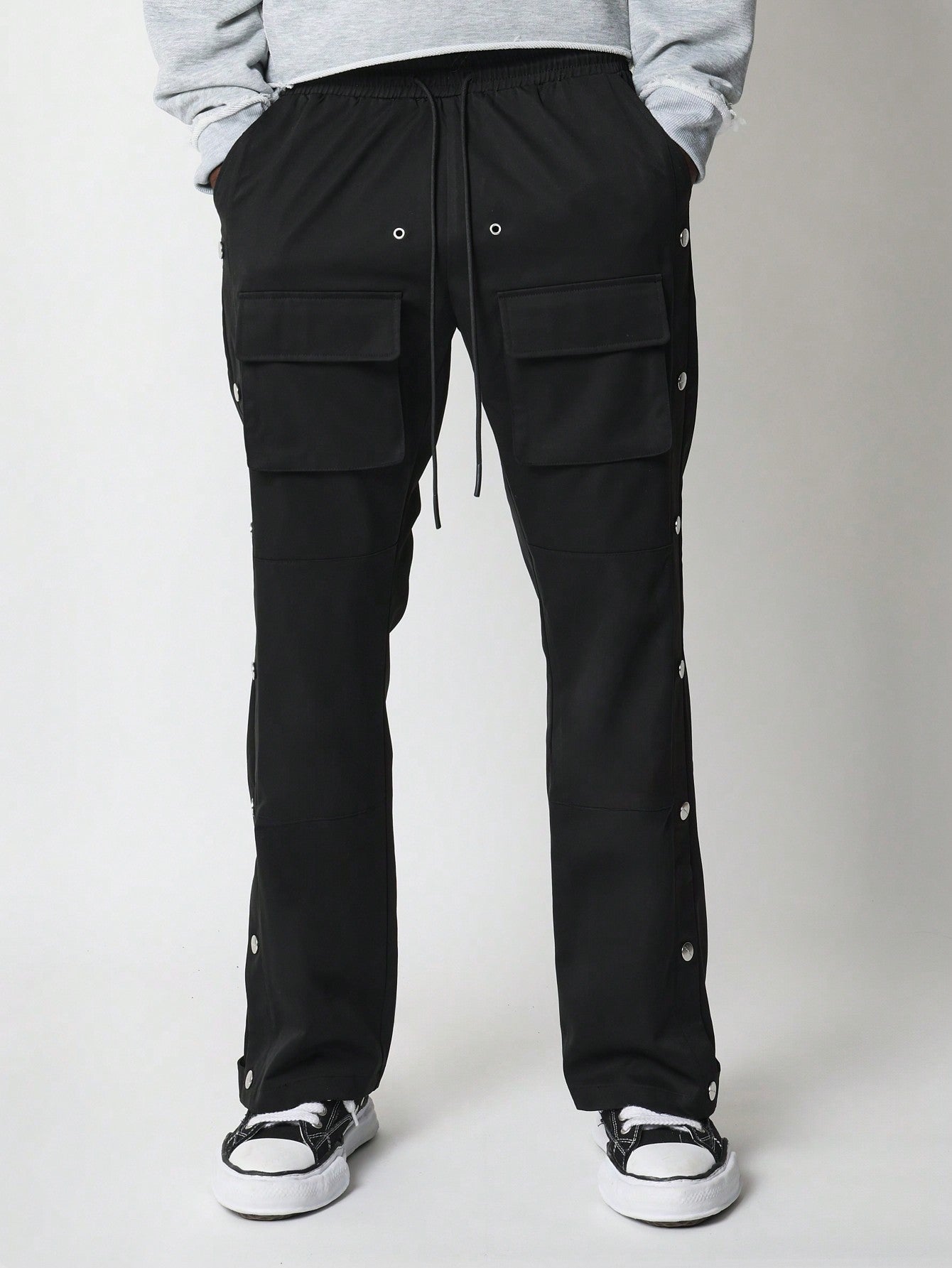 Flare Fit Nylon Pant With Snap Button, Exposed Pockets & Drawstrings