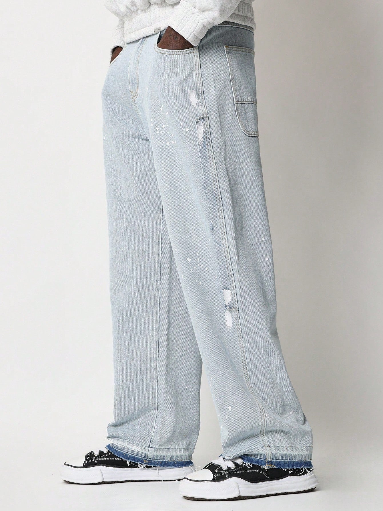 Skater Fit Splatter Paint Jean With Side Raw Edge Panel