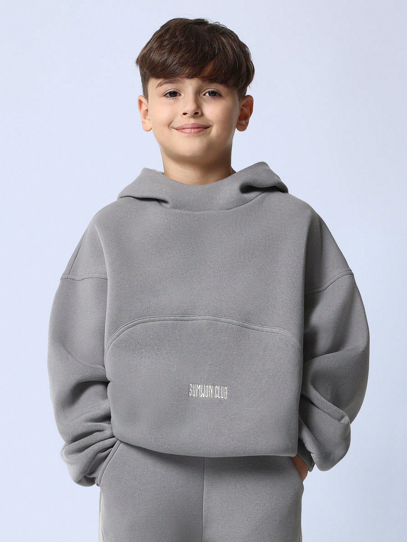 Tween Boys Comfy Grey Overhead Hoodie With High Neckline