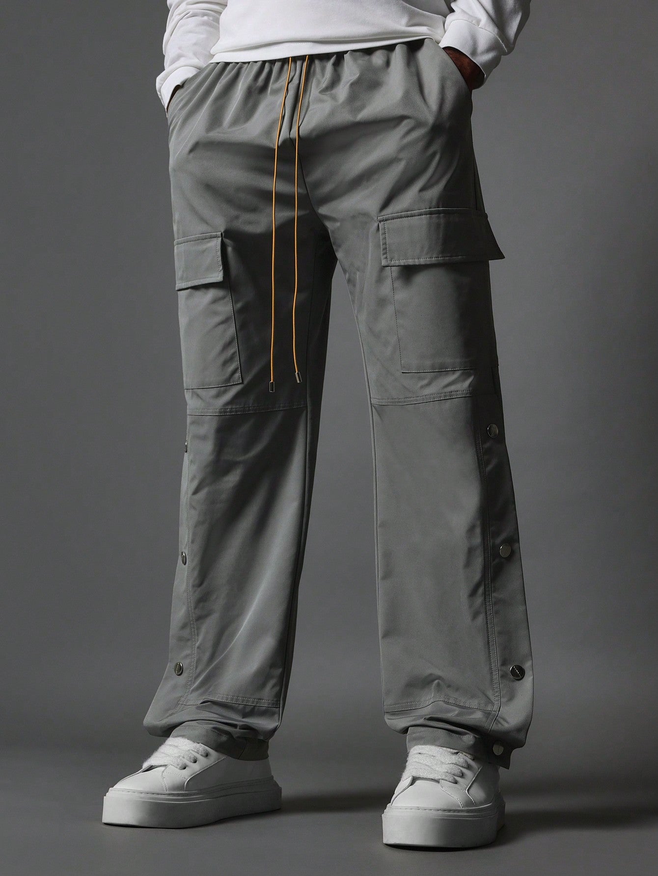 Straight Fit Cargo Nylon Pant With Side Poppers