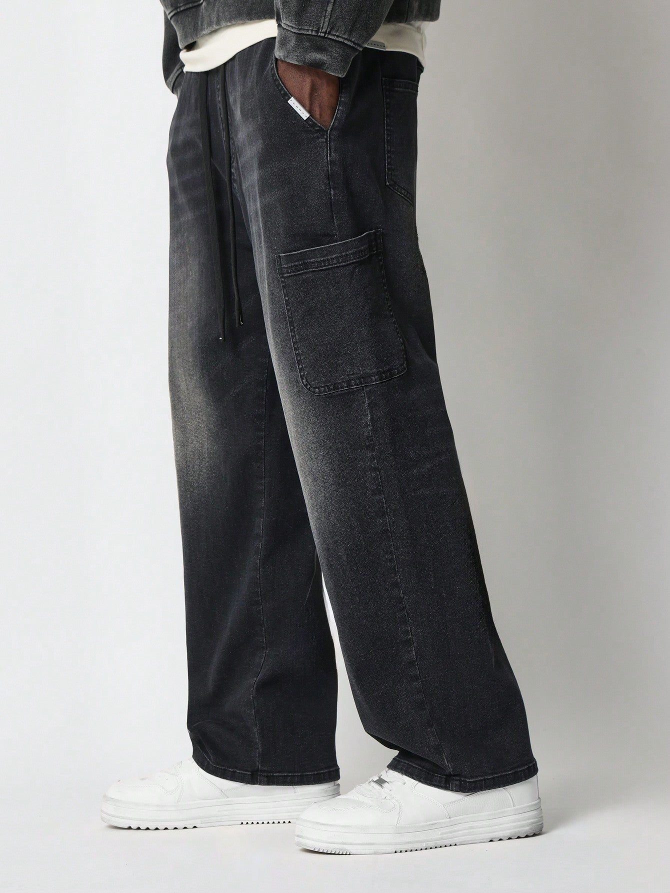 Straight Fit Pull On Mid Washed Cargo Jean