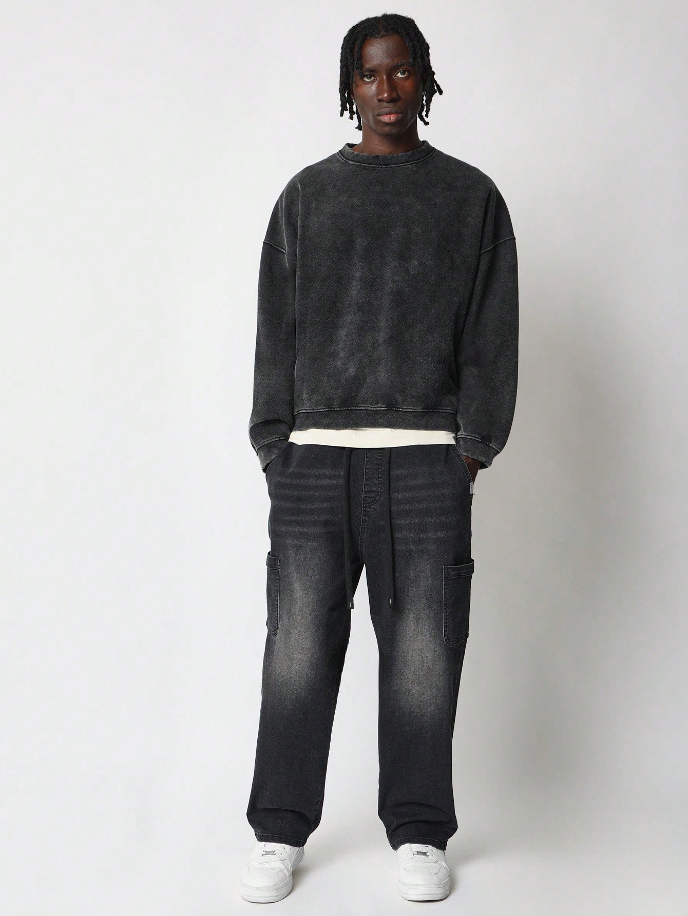 Straight Fit Pull On Mid Washed Cargo Jean