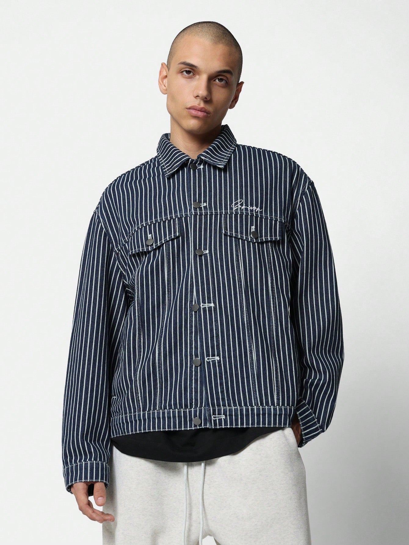 Oversized Fit Pinstripe Denim Jacket