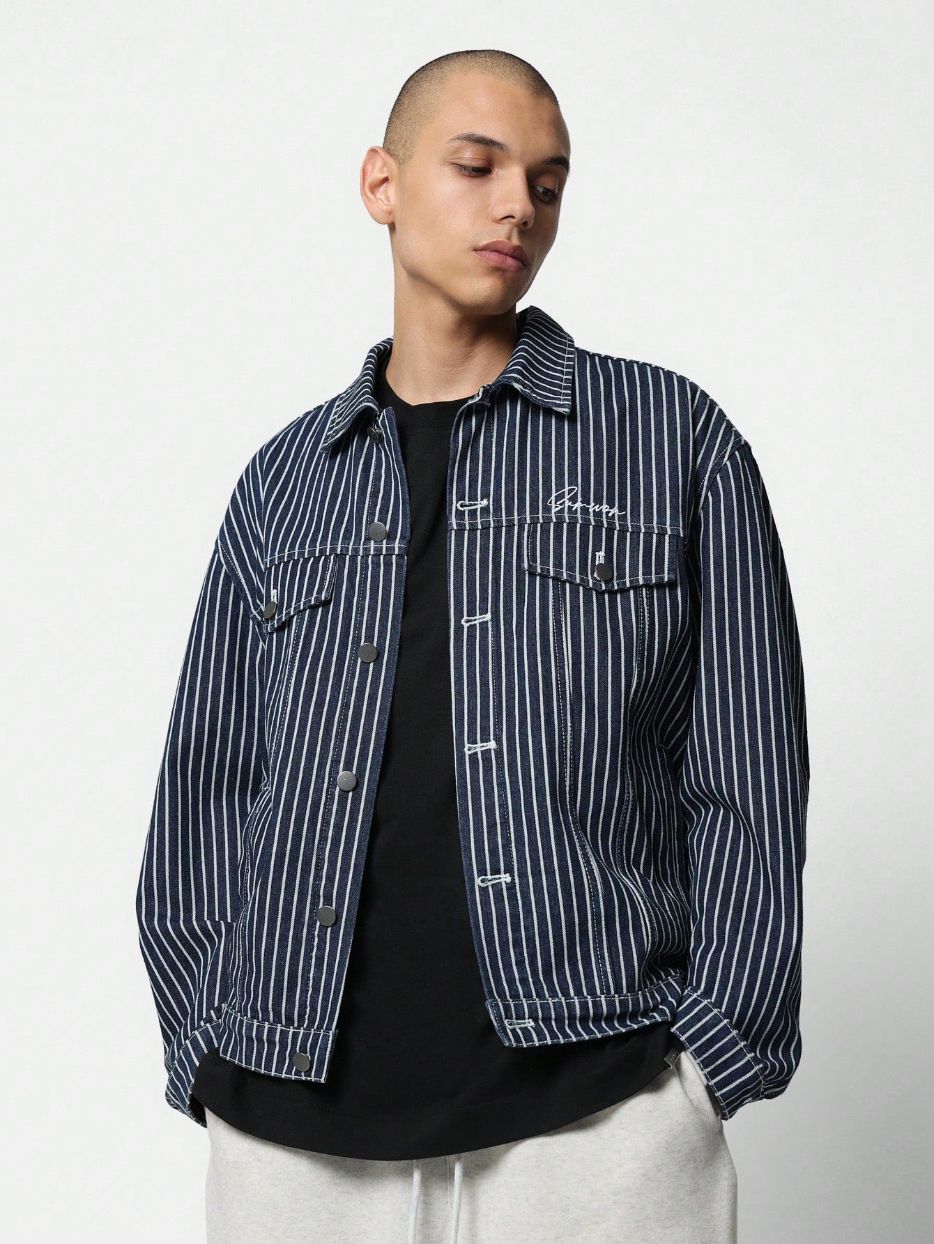 Oversized Fit Pinstripe Denim Jacket