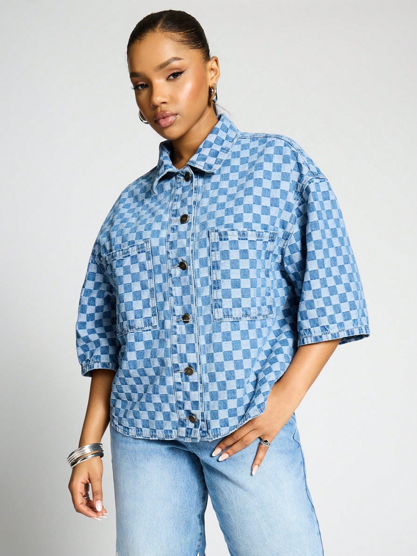 SUMWON WOMEN Checked Button Boxy Sleeves Shirt