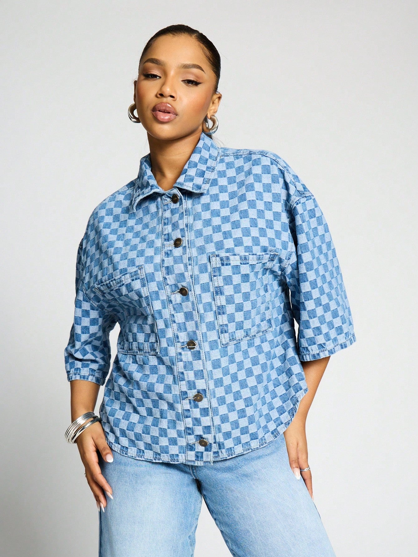 SUMWON WOMEN Checked Button Boxy Sleeves Shirt