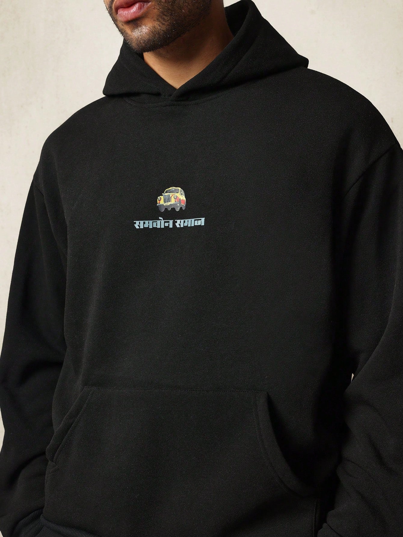 Regular Fit Washed Overhead Hoodie With Hindi Text Graphic Print