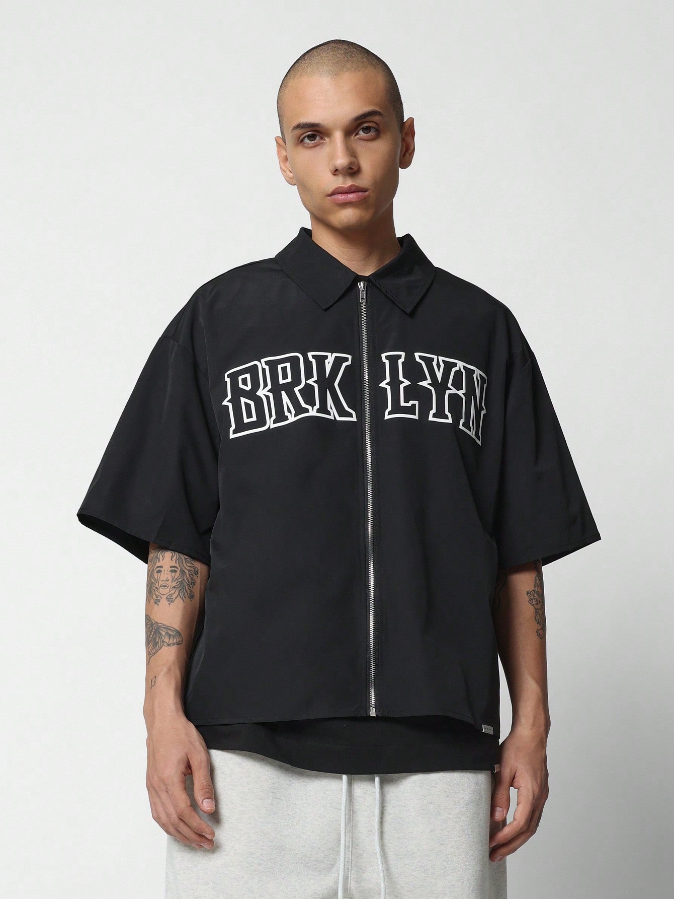 Boxy Fit Zip-Up Revere Brklyn Graphic Print Shirt